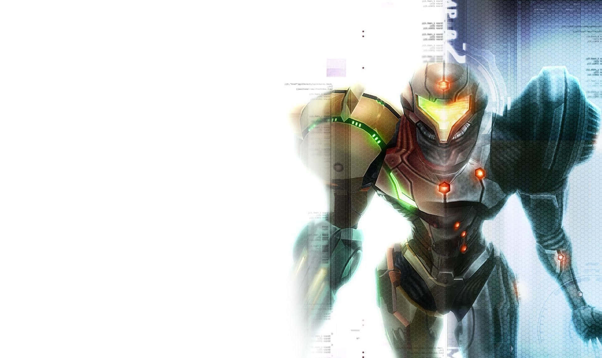 Metroid Dread, futuristic armored warrior, glowing green and orange lights, HD Desktop Wallpaper