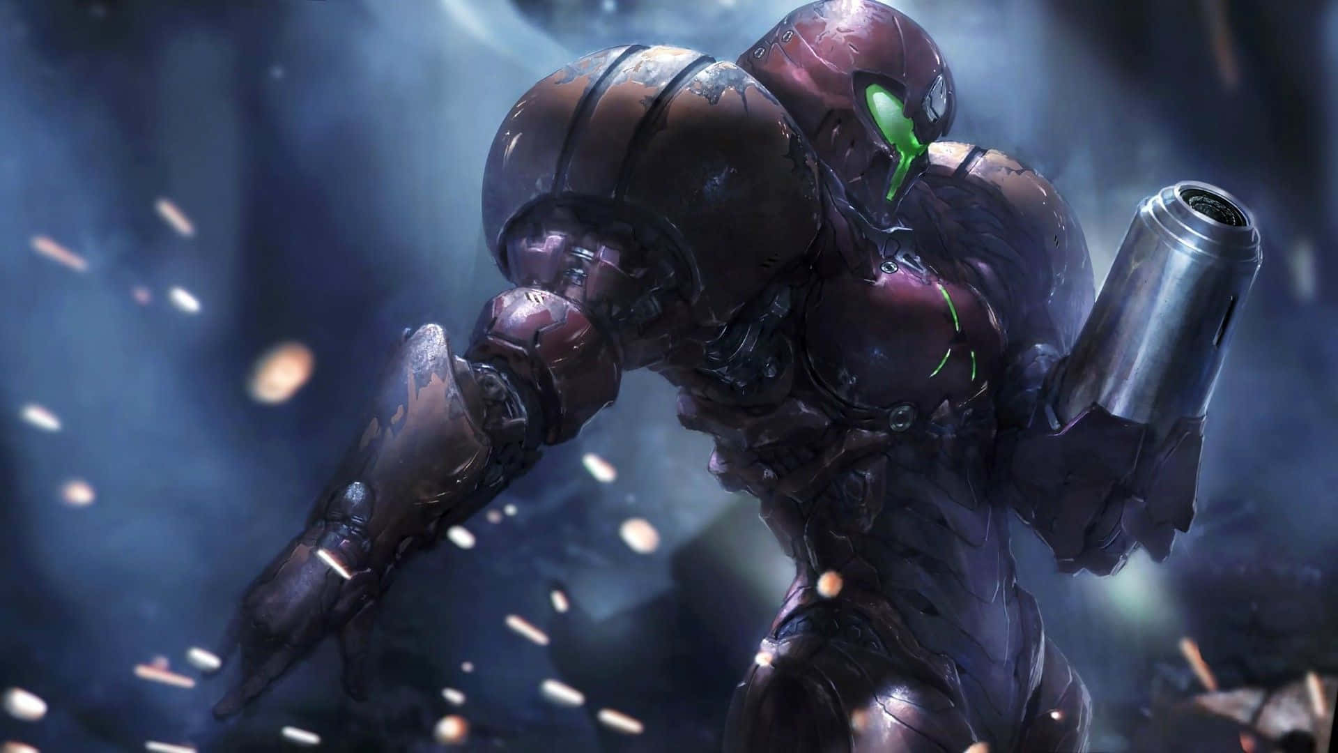 Metroid Dread, glowing green eyes, large weapon, Full HD Desktop Wallpaper