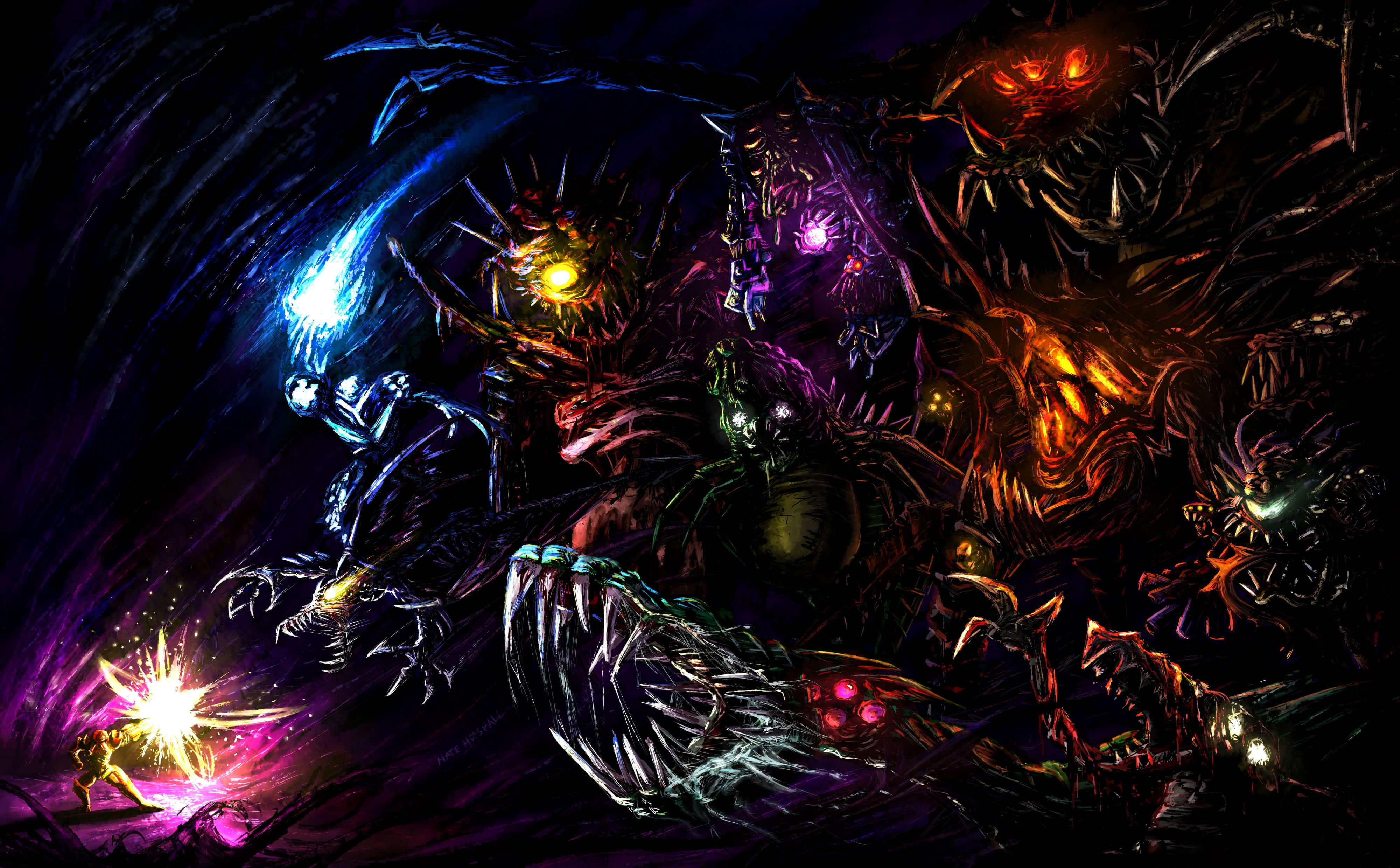 Metroid Dread, lone warrior, glowing monstrous creatures, 4K Desktop Wallpaper