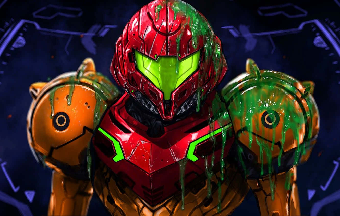 Metroid Dread, green and red robot, glowing green visor, HD Desktop Wallpaper