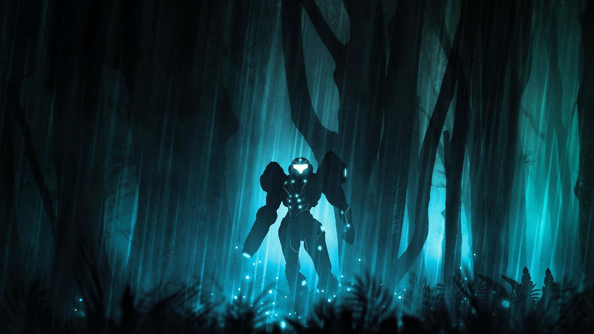 Metroid Dread, glowing armored figure, dark forest, Full HD Desktop Wallpaper