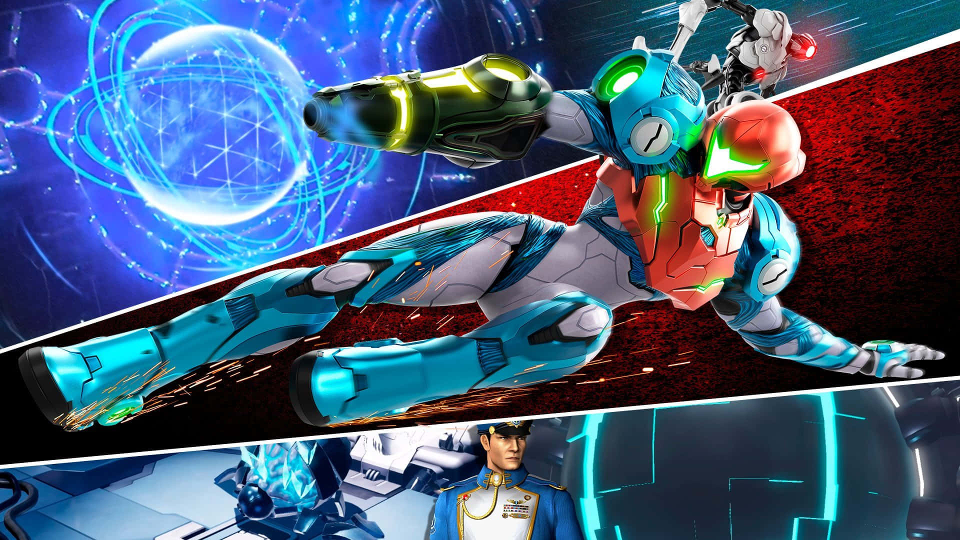 Metroid Dread, blue armor, anime-style warrior, Full HD Desktop Wallpaper