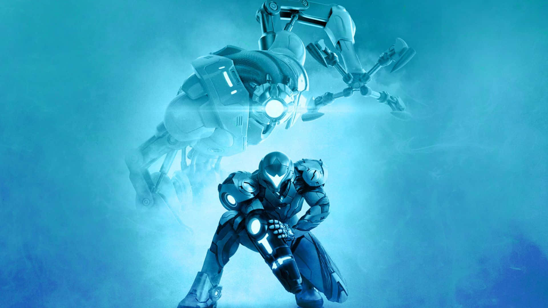 Metroid Dread, futuristic armored warrior, glowing blue haze, Full HD Desktop Wallpaper