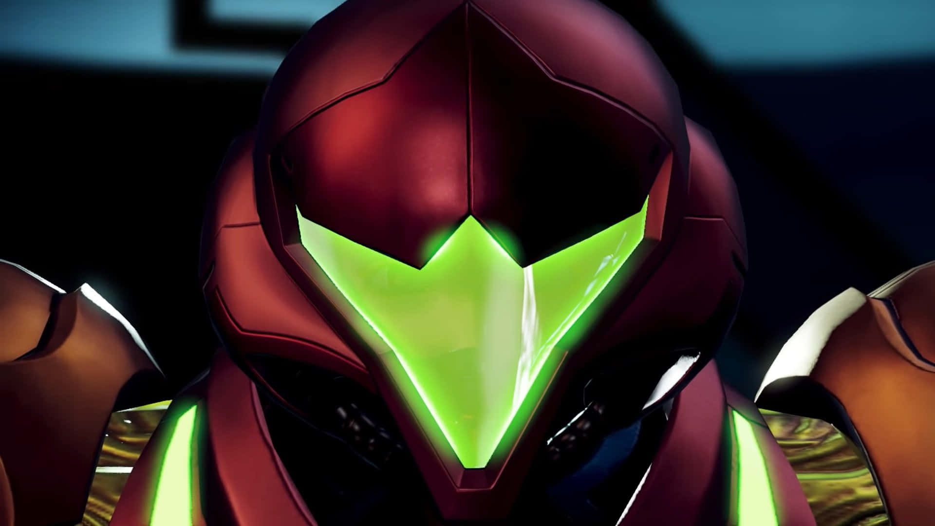 Metroid Dread, green glowing visor, red armored helmet, Full HD Desktop Wallpaper