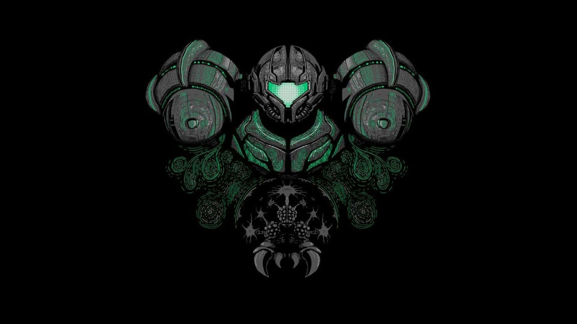 Metroid Dread, glowing green eyes, ornate shoulder pads, Full HD Desktop Wallpaper