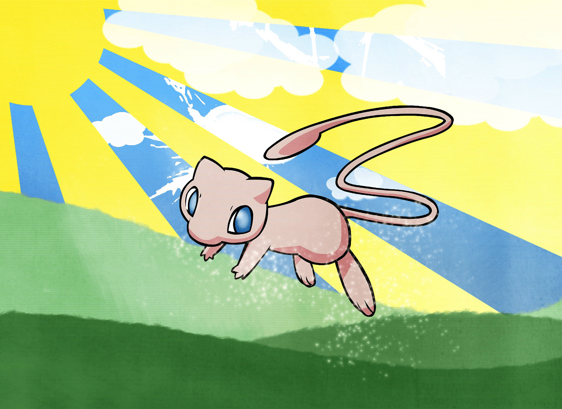 Mew, pink Mewtwo, green field, Full HD Desktop Wallpaper