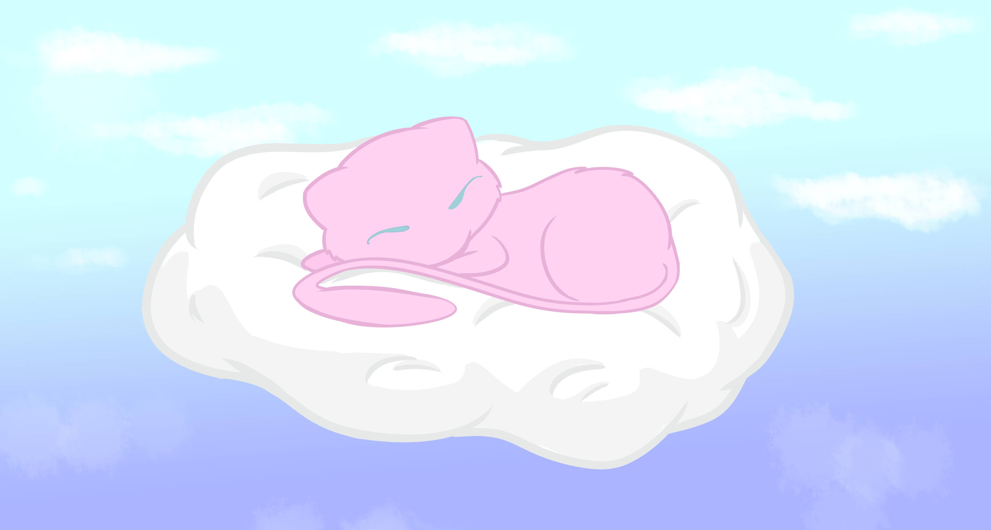 Mew, pink cartoon cat, fluffy white cloud, 2K Desktop Wallpaper