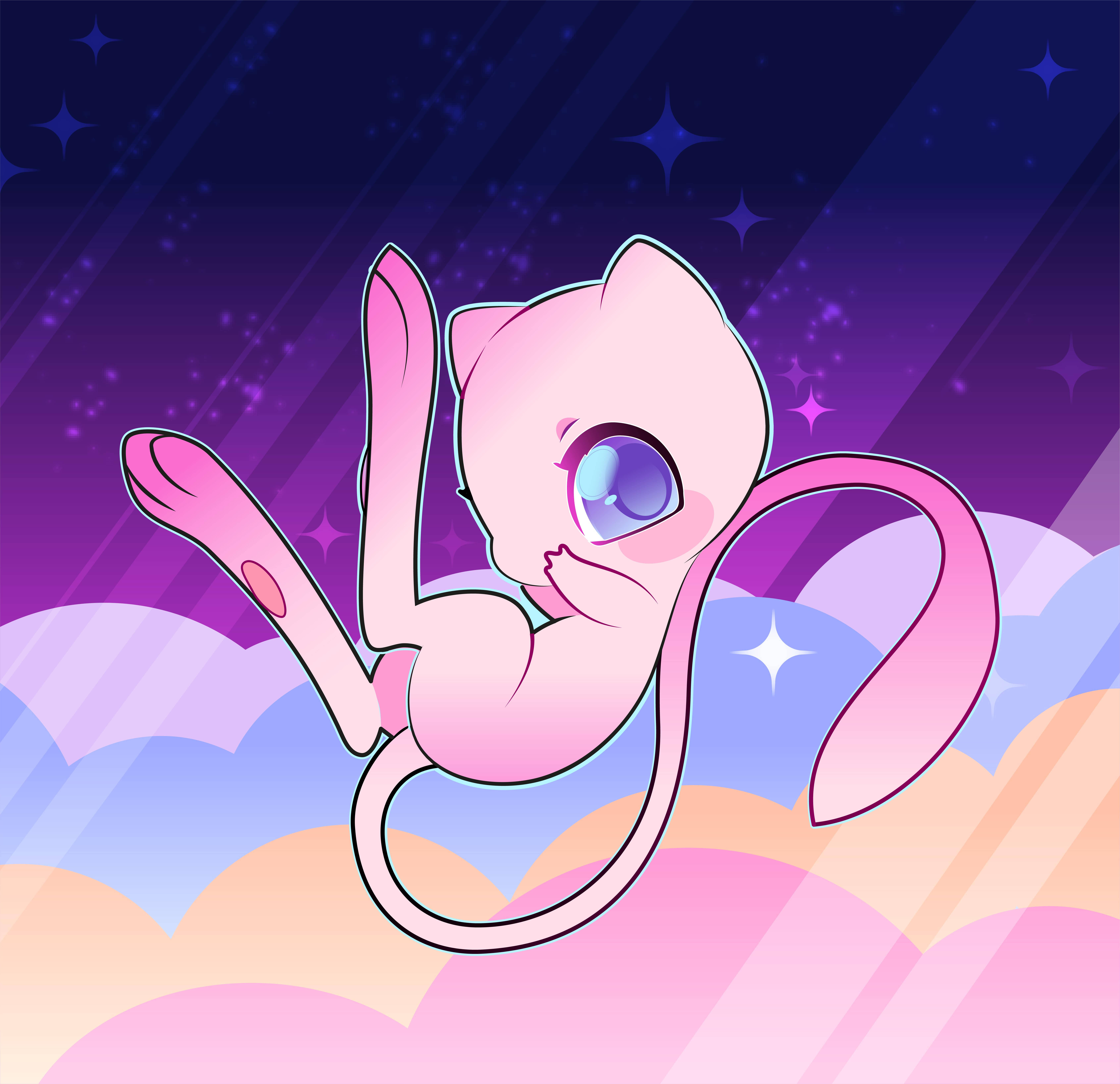 Mew, pink anime cat, pastel clouds, 5K Desktop Wallpaper