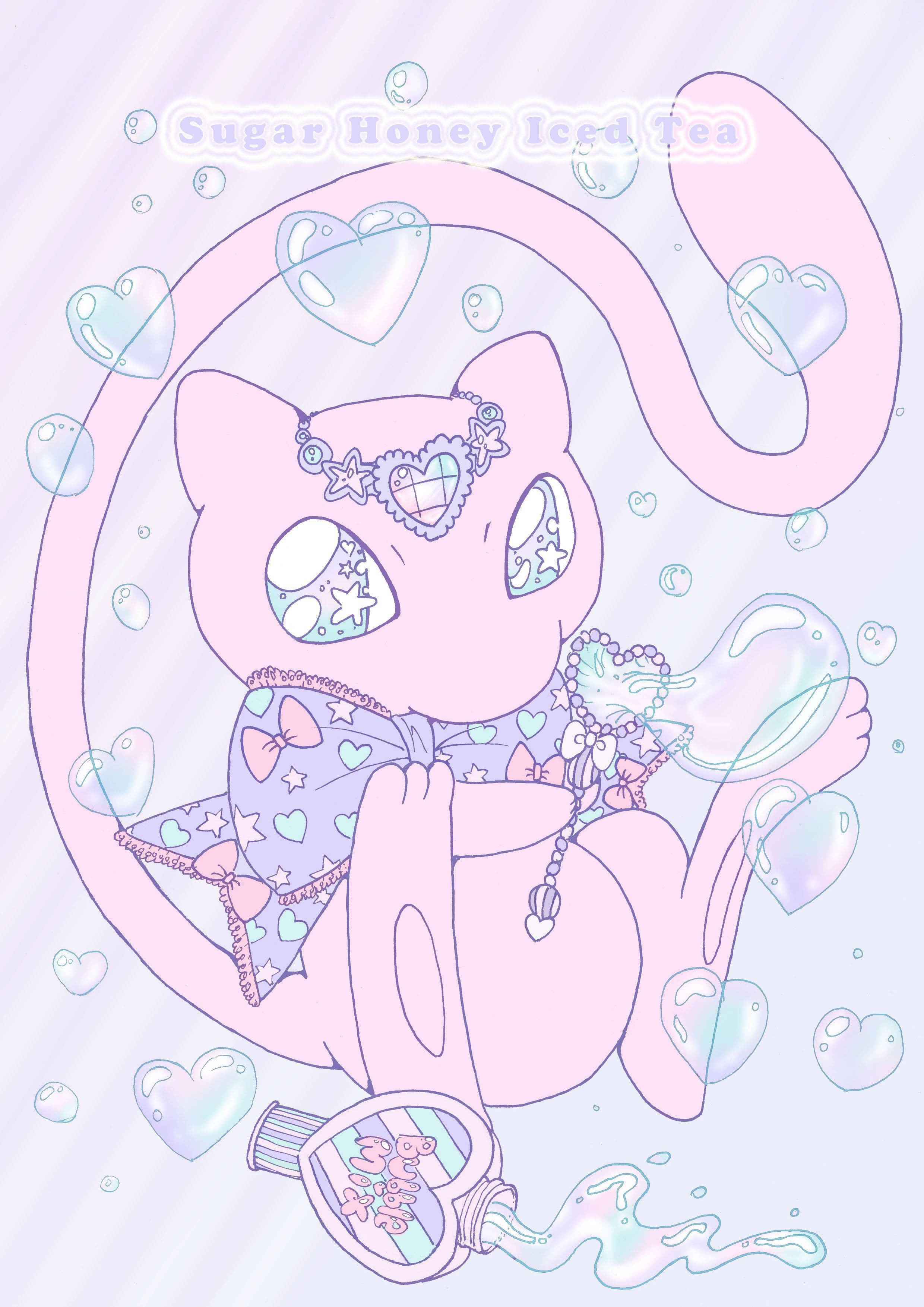 Mew, pastel pink, starry eyes, 2K Phone Wallpaper