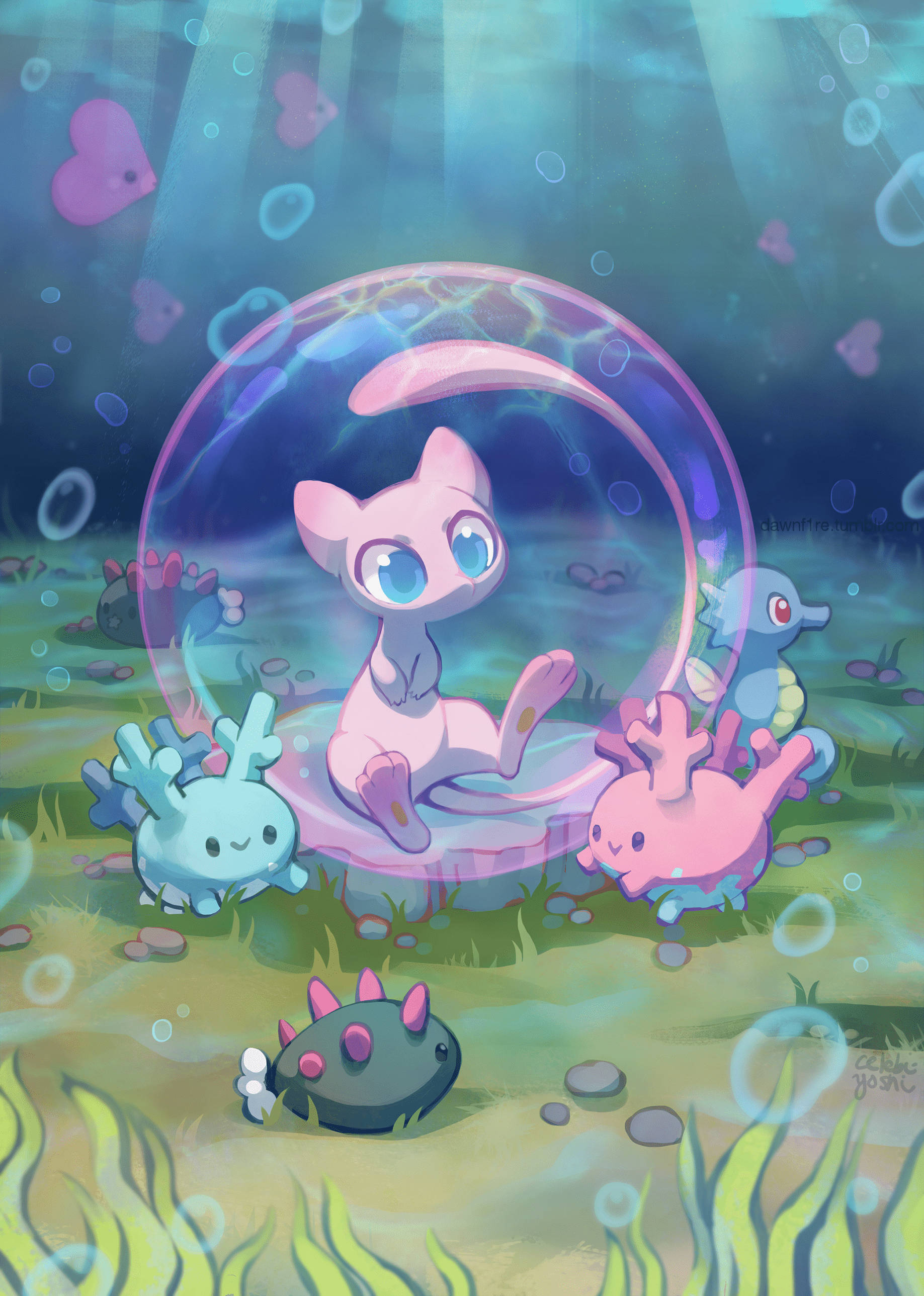 Mew, pink Mew, glowing bubble, 2K Phone Wallpaper
