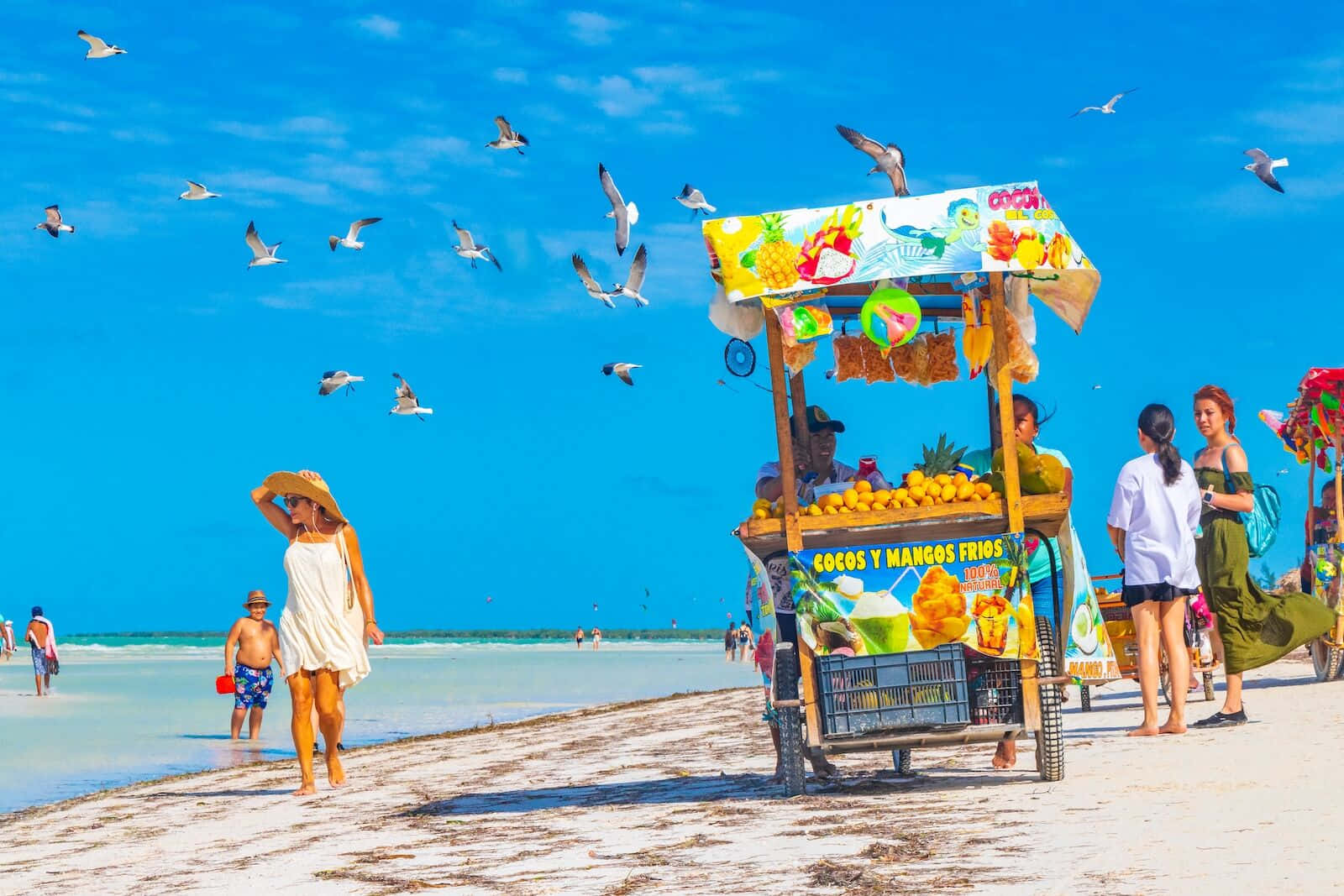 Mexican Beach, colorful fruit cart, coconuts, HD Desktop Wallpaper