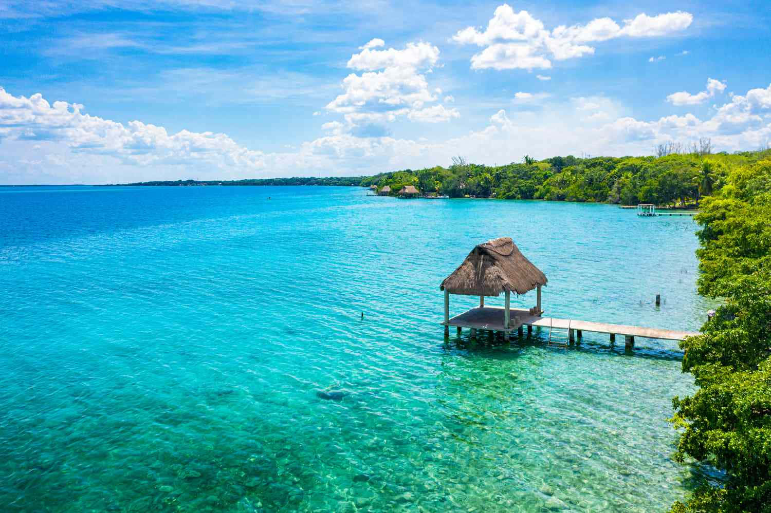 Mexican Beach, wooden pier, thatched roof, HD Desktop Wallpaper