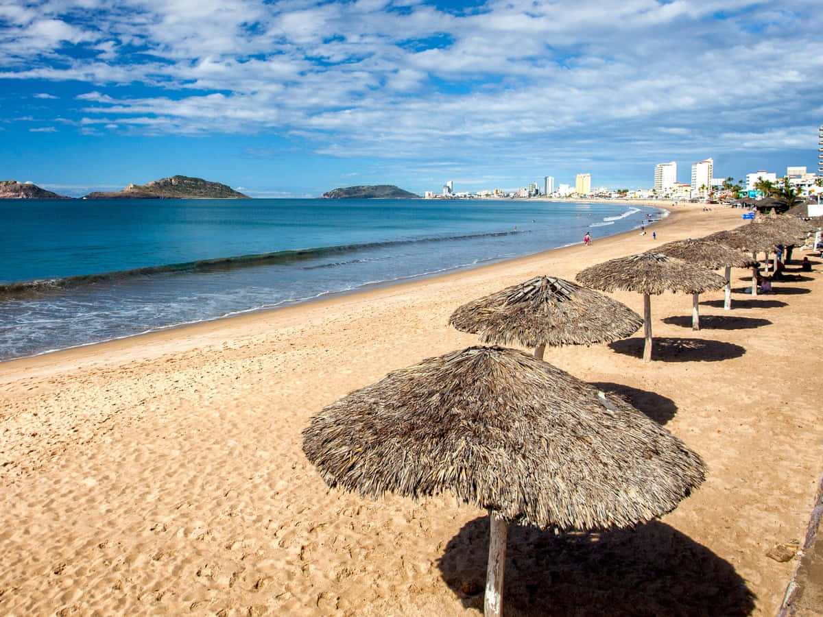 Mexican Beach, straw umbrellas, golden sand, SD Desktop Wallpaper