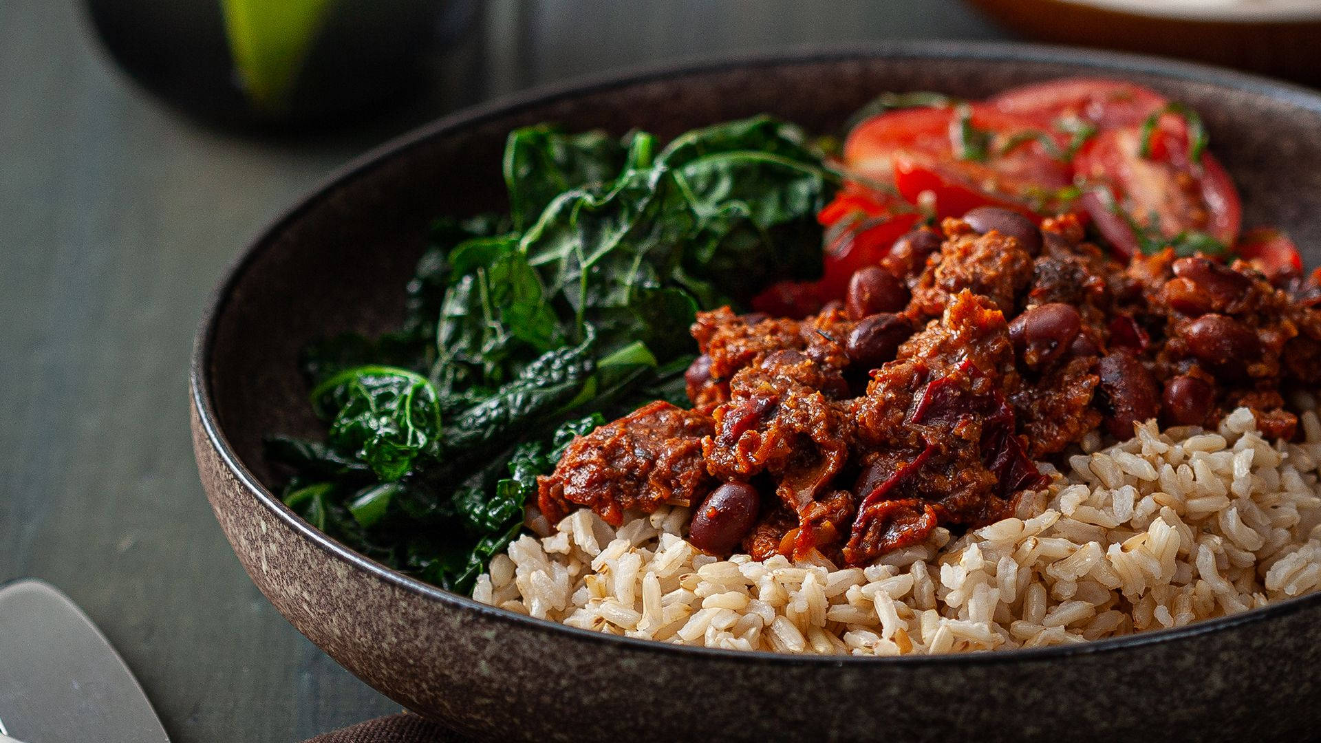 Chili con carne, brown rice, saucy beans, Full HD Desktop Wallpaper
