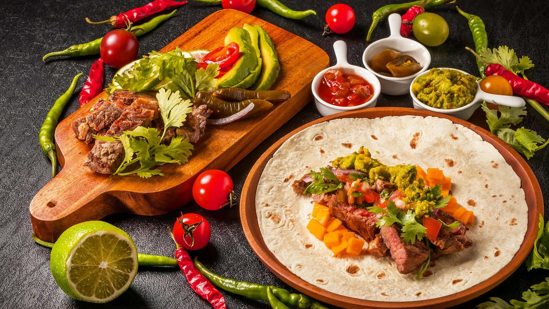 grilled steak tacos, fresh guac salsa lime, colorful peppers, Full HD Desktop Wallpaper