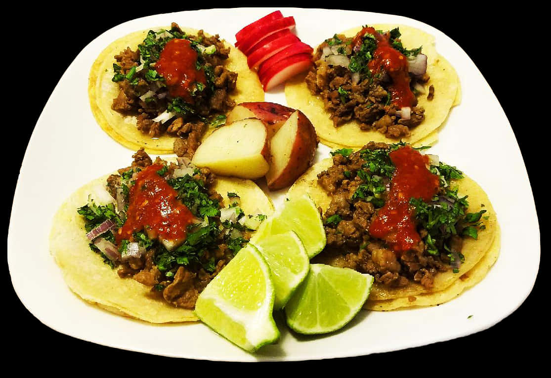 Traditional Mexican Tacos Platter, white plate, sliced radish, SD Desktop Wallpaper
