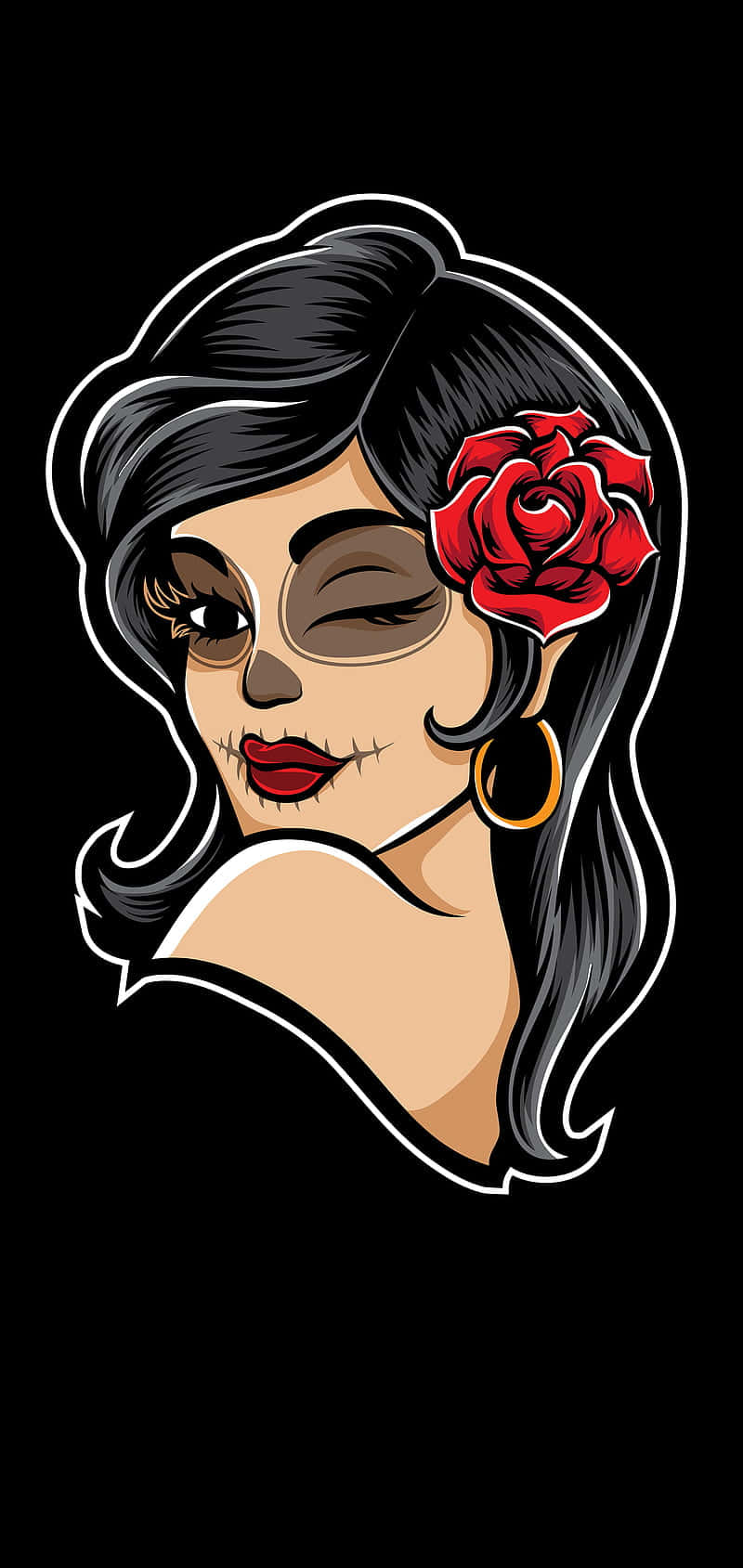 Mexican Woman, sugar skull makeup, red rose, HD Phone Wallpaper