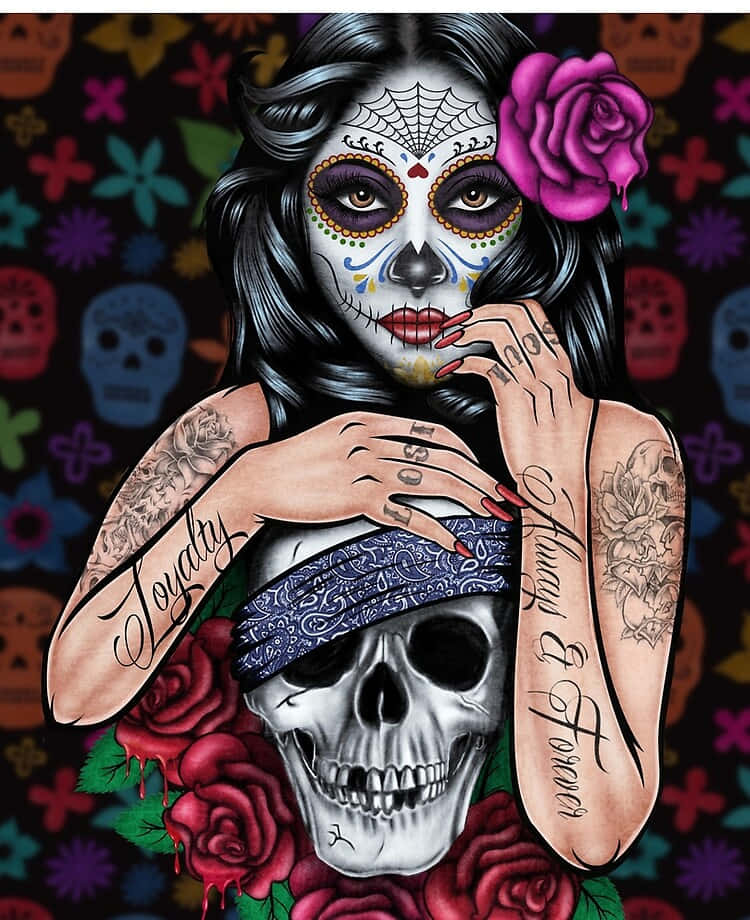 Mexican Woman, sugar skull makeup, tattoos, SD Phone Wallpaper