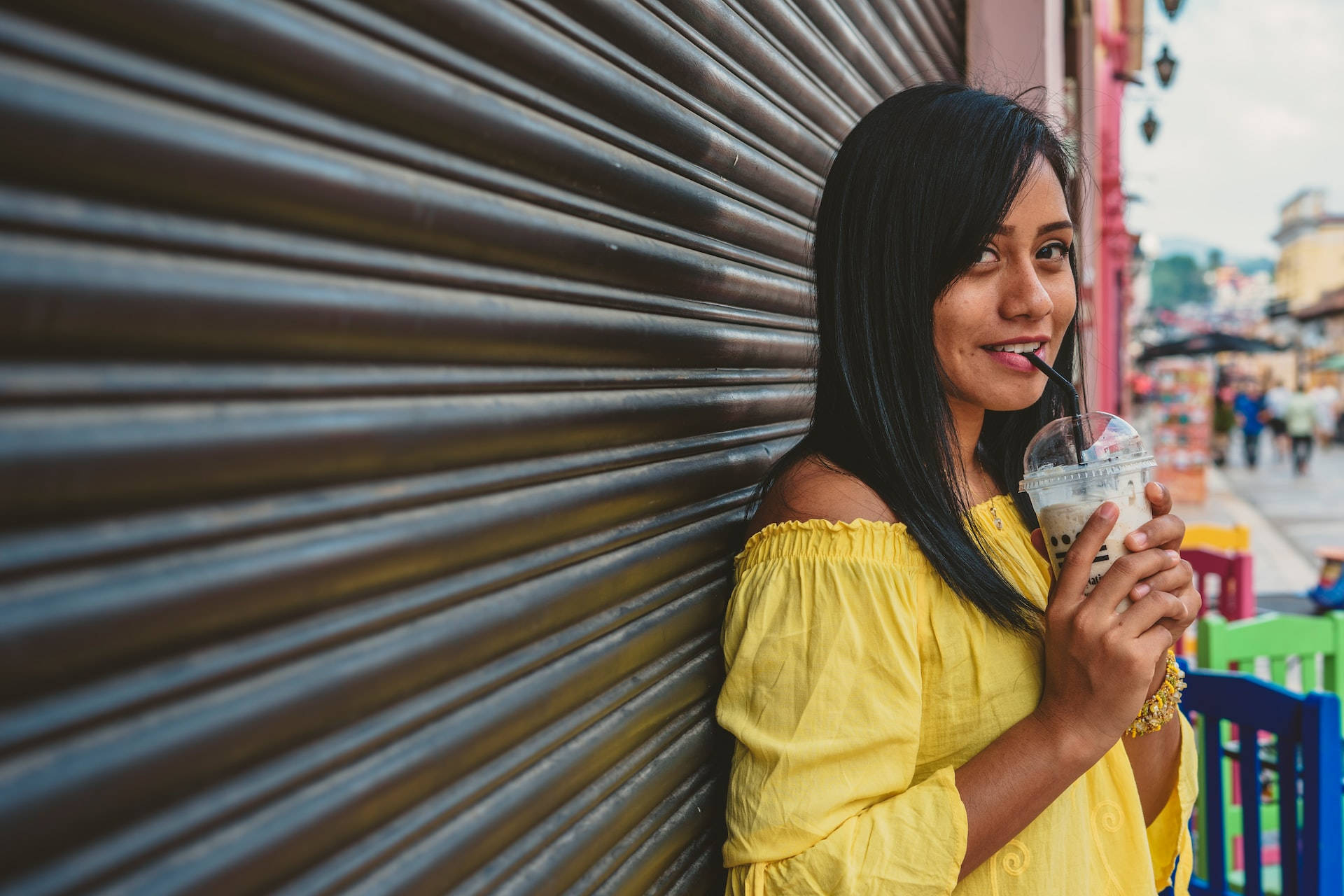 Mexican Girl Bubble Tea, bright yellow off-shoulder top, bubble tea, Full HD Desktop Wallpaper