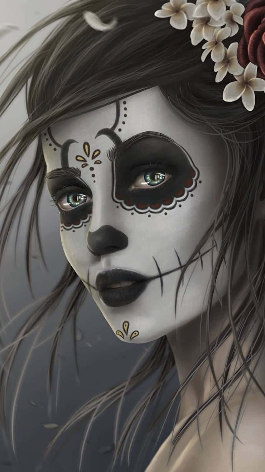 sugar skull face painting, floral crown, muted gray background, HD Phone Wallpaper