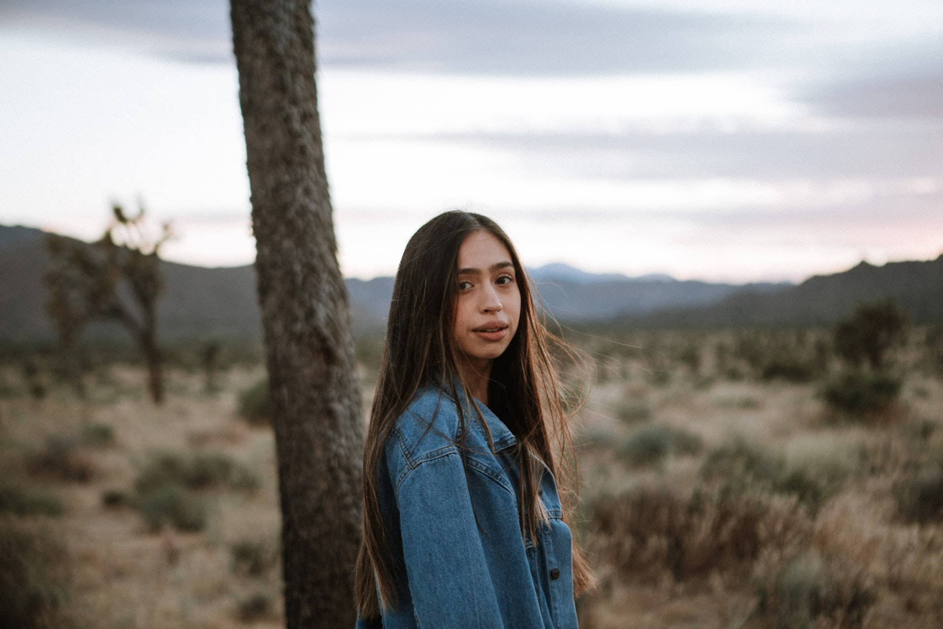 Mexican Girl, denim jacket, tree, Full HD Desktop Wallpaper