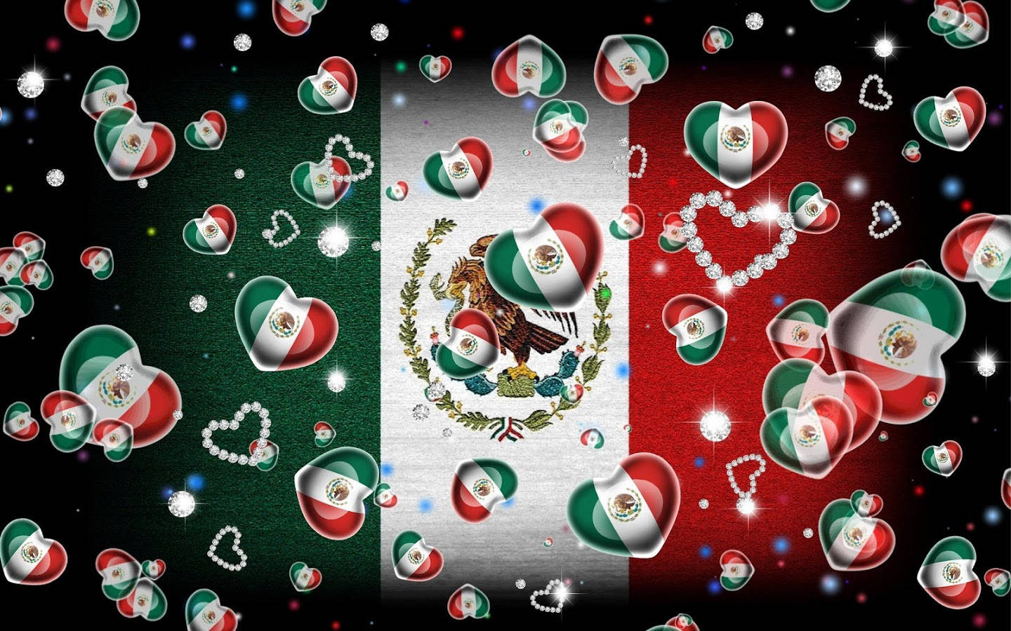 Mexico flag, glossy heart-shaped emblems, sparkling dark background, HD Desktop Wallpaper