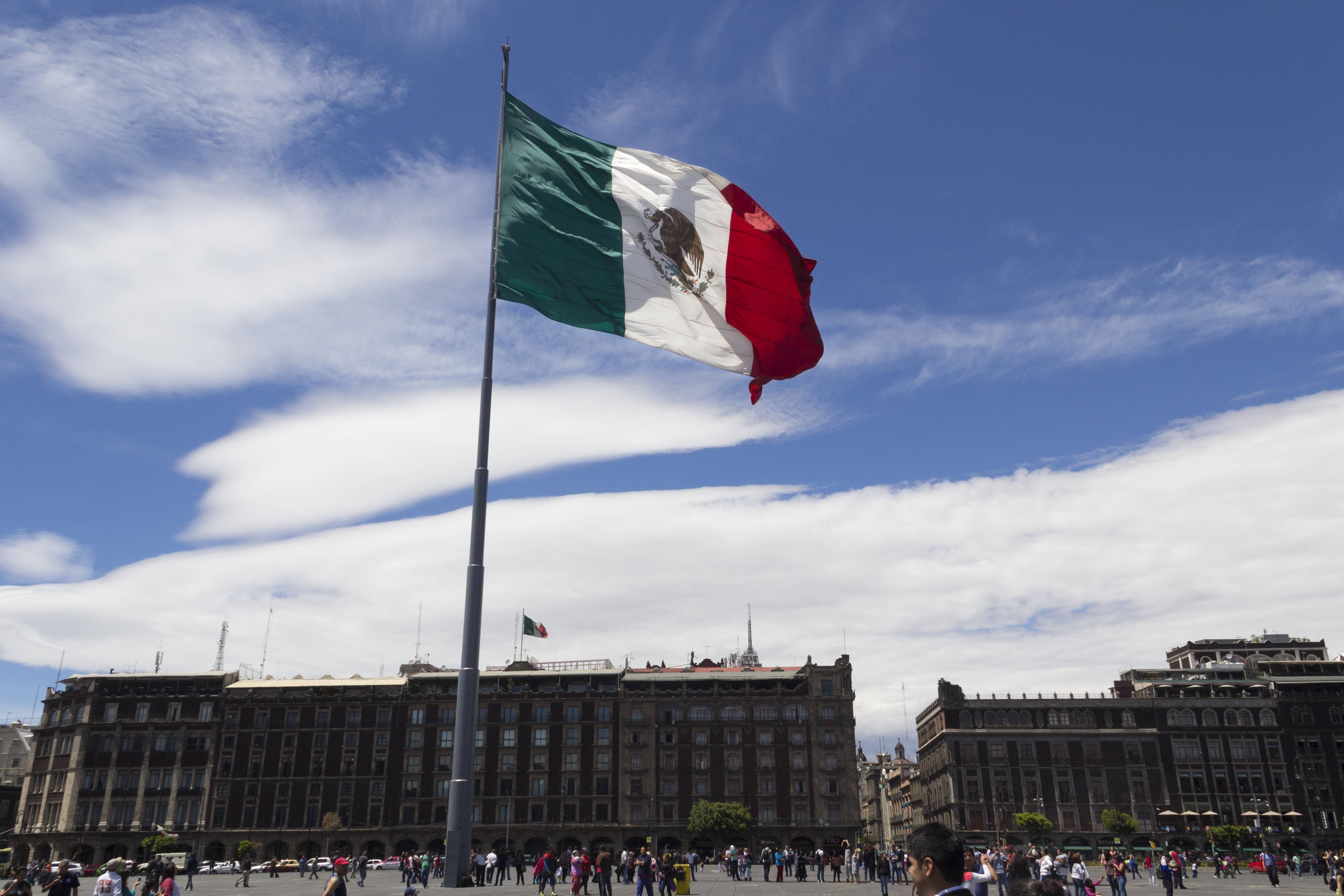 Mexico flag, bright blue sky, scattered clouds, 5K Desktop Wallpaper