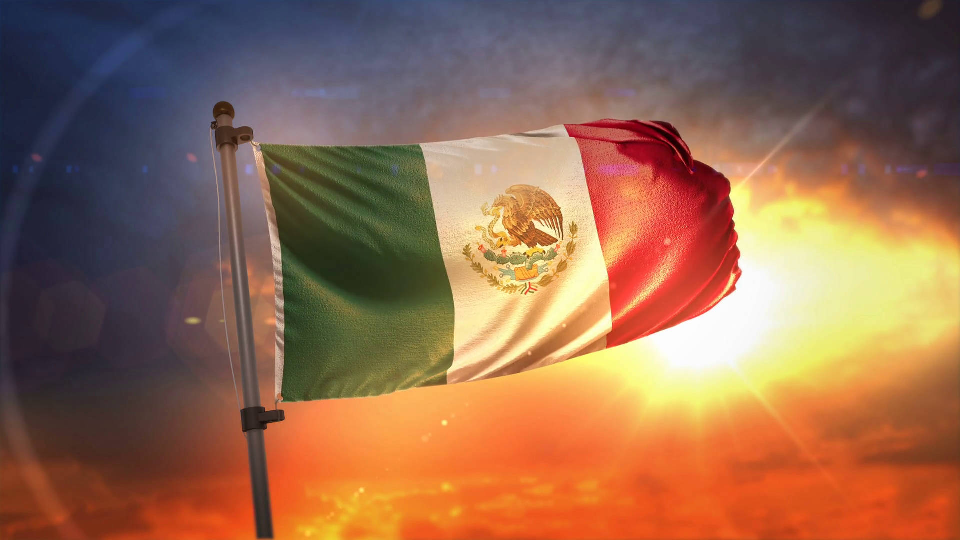 Mexico flag, fiery sunset sky, glowing sun rays, Full HD Desktop Wallpaper