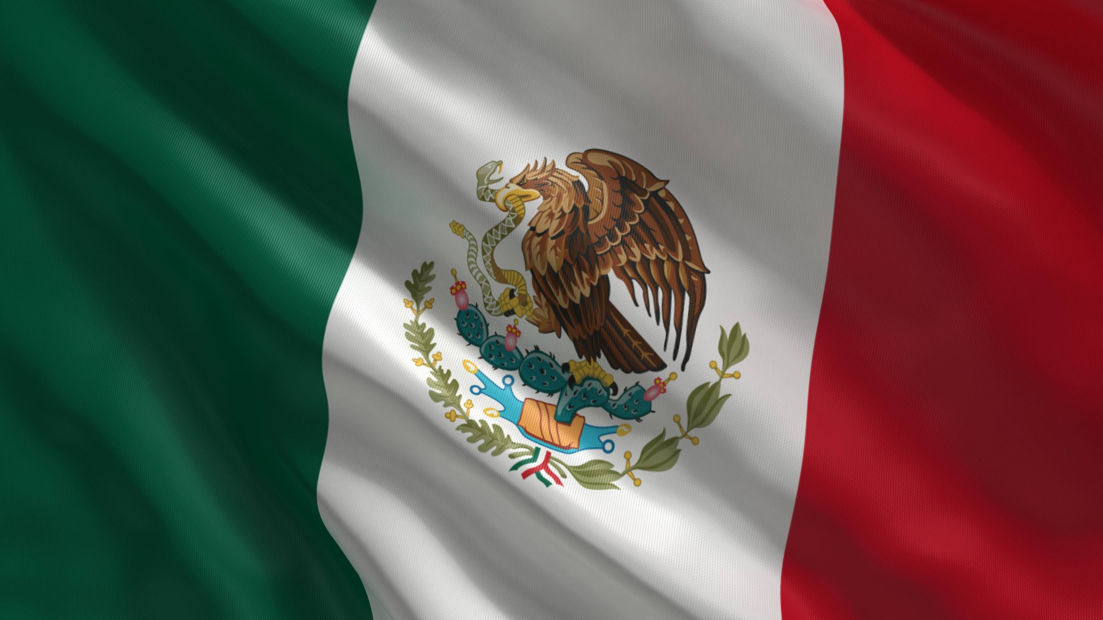 flag of mexico, green white and red stripes, eagle devouring a serpent on a cactus, 4K Desktop Wallpaper