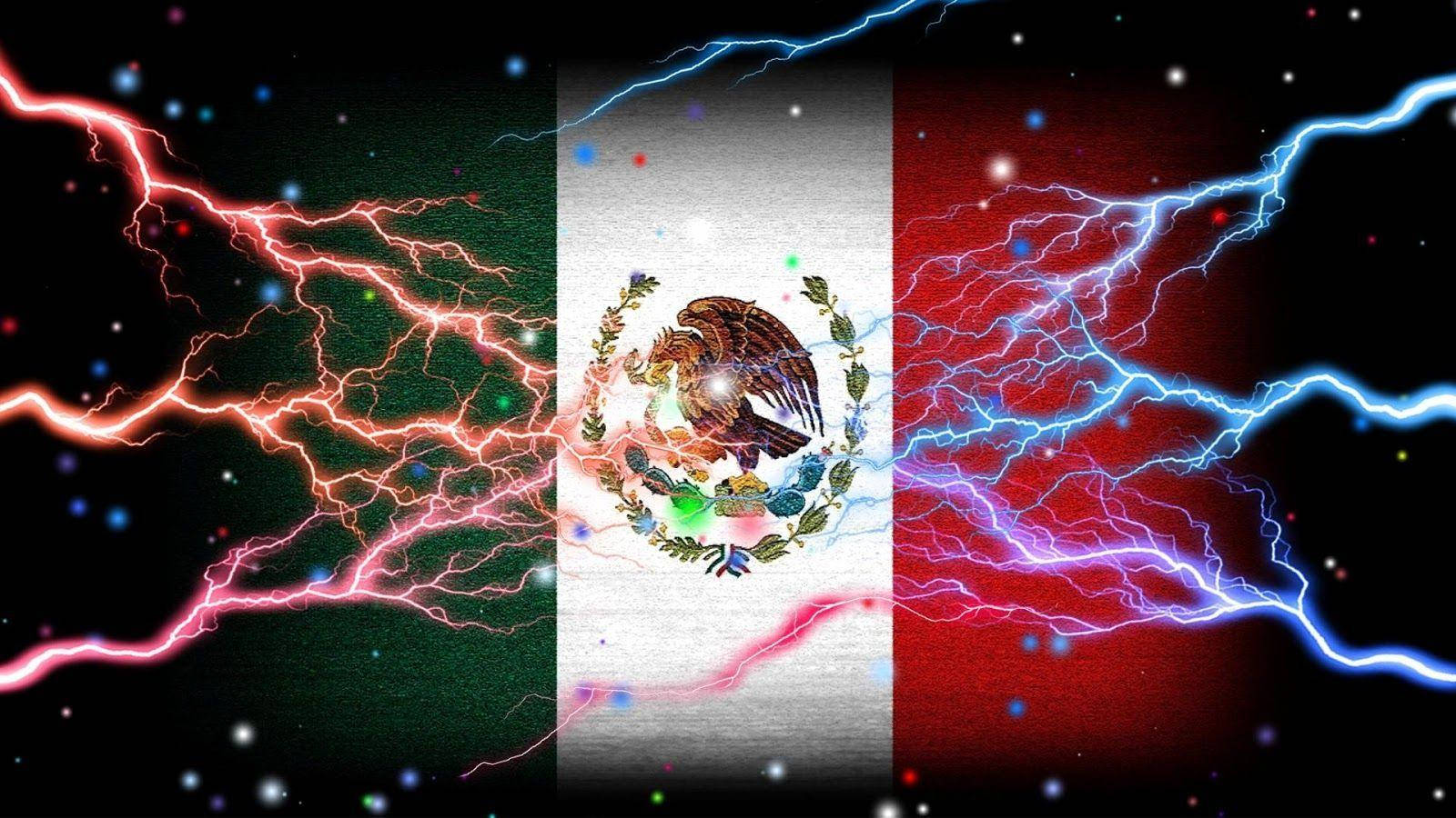 Mexico flag, vibrant red lightning bolts, blue lightning bolts, HD Desktop Wallpaper