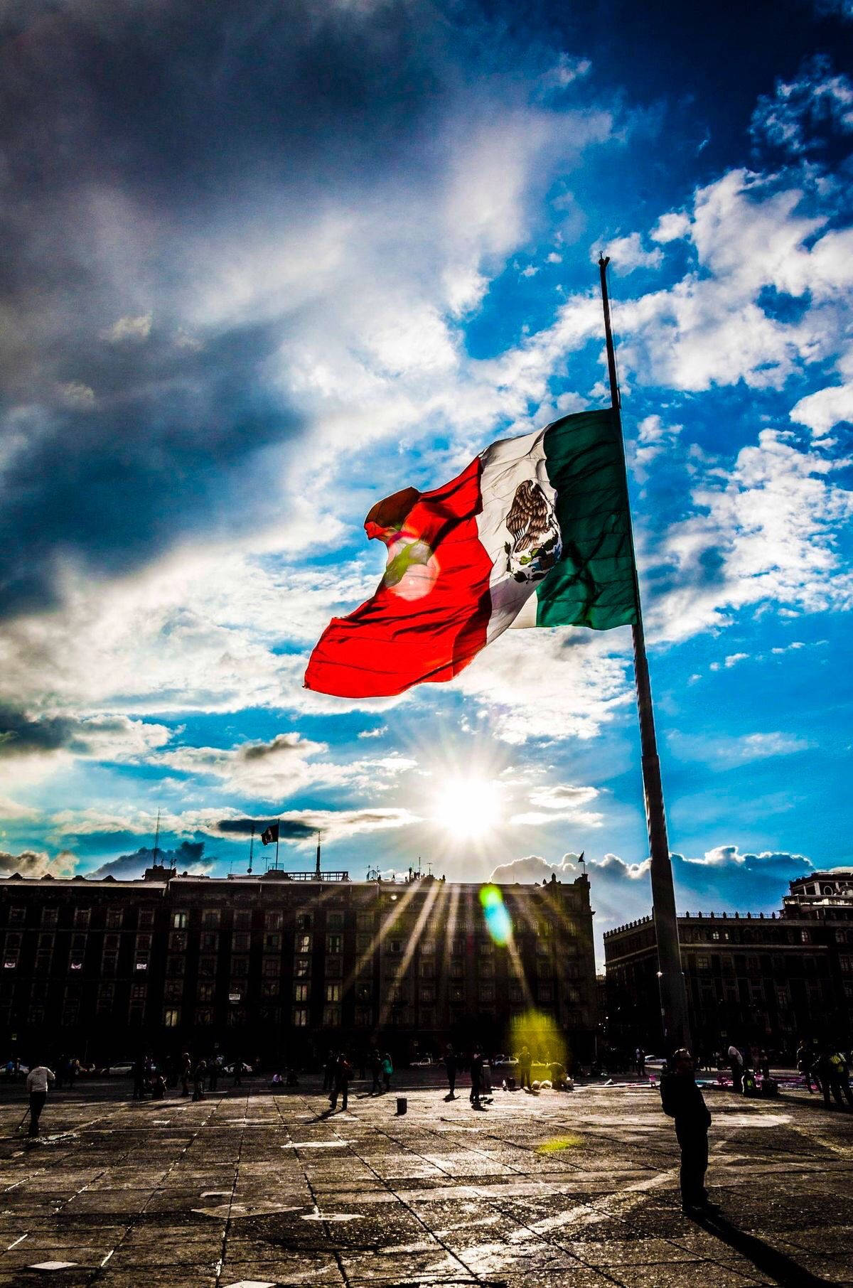 Mexico flag, dramatic blue sky, sun rays, HD Phone Wallpaper