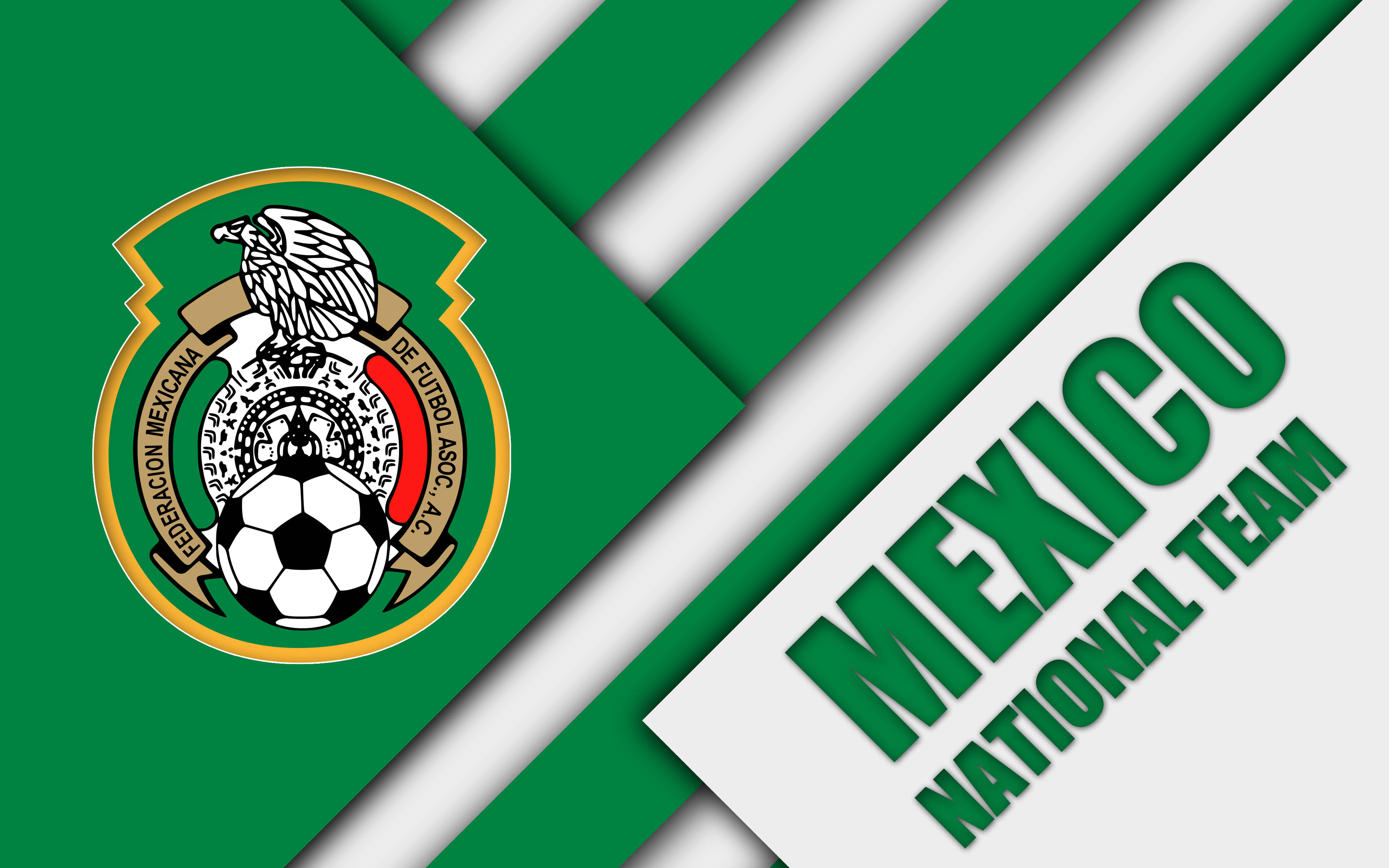Mexico National Football Team, green white diagonal stripes, bold text, 4K Desktop Wallpaper