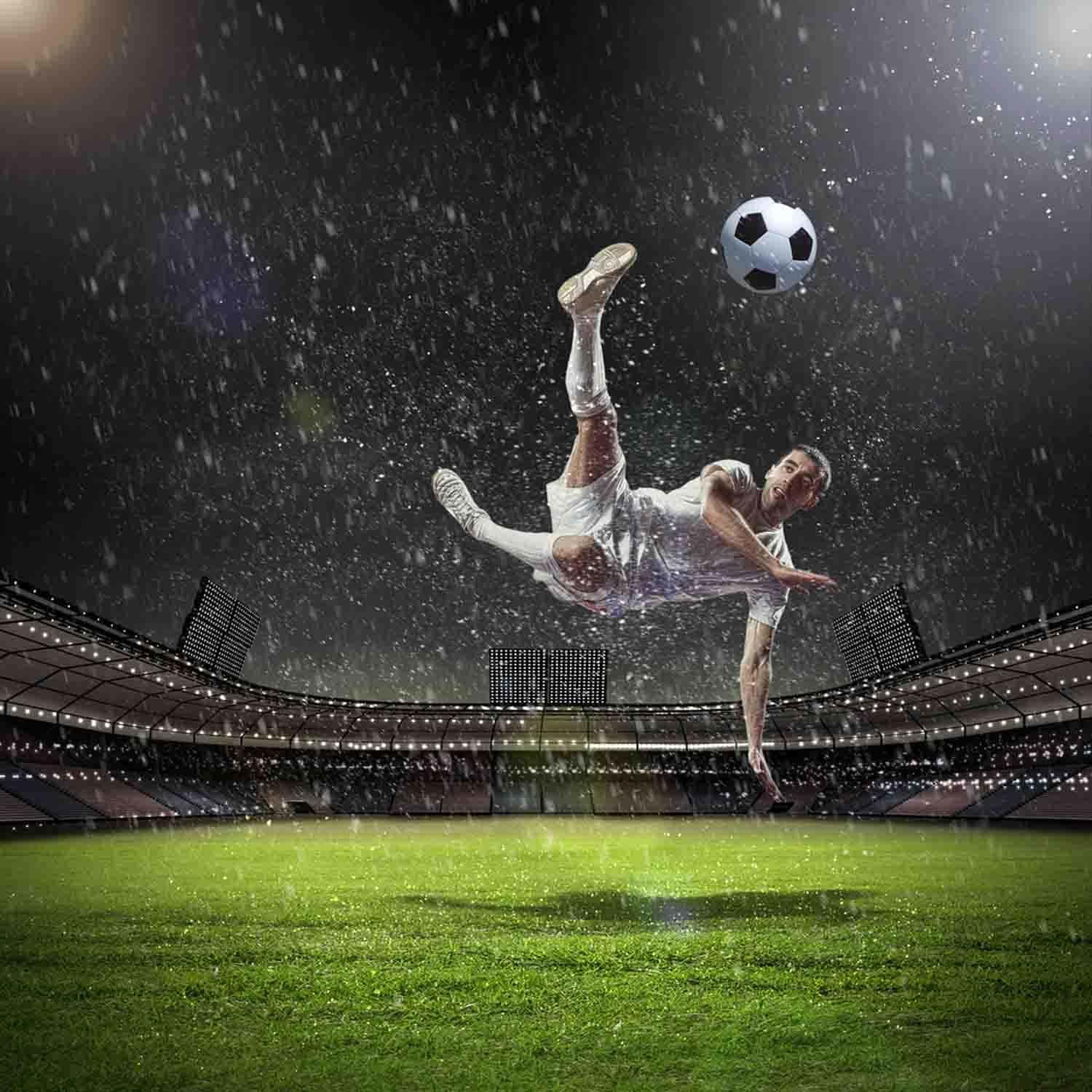 soccer player, soccer ball, rain-soaked stadium, HD Desktop Wallpaper