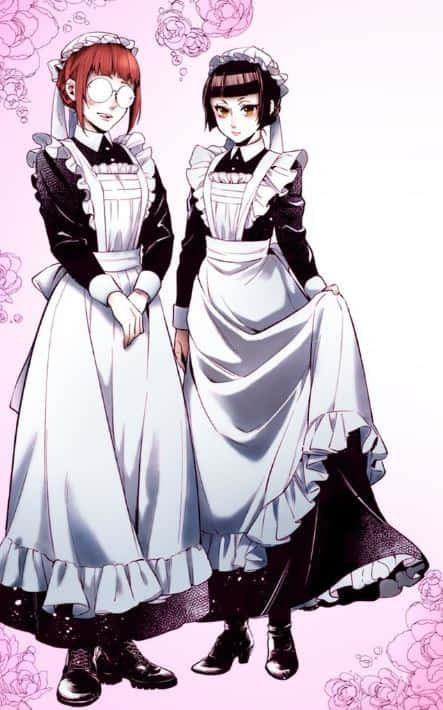 Mey-Rin, black and white uniforms, soft pink floral background, SD Phone Wallpaper
