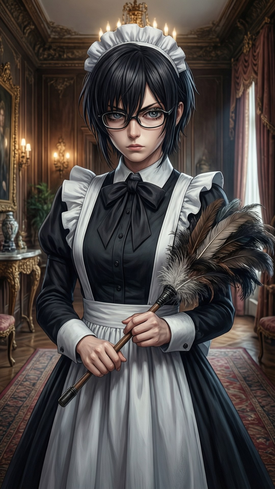 Mey-rin, black and white uniform, feather duster, Full HD Phone Wallpaper