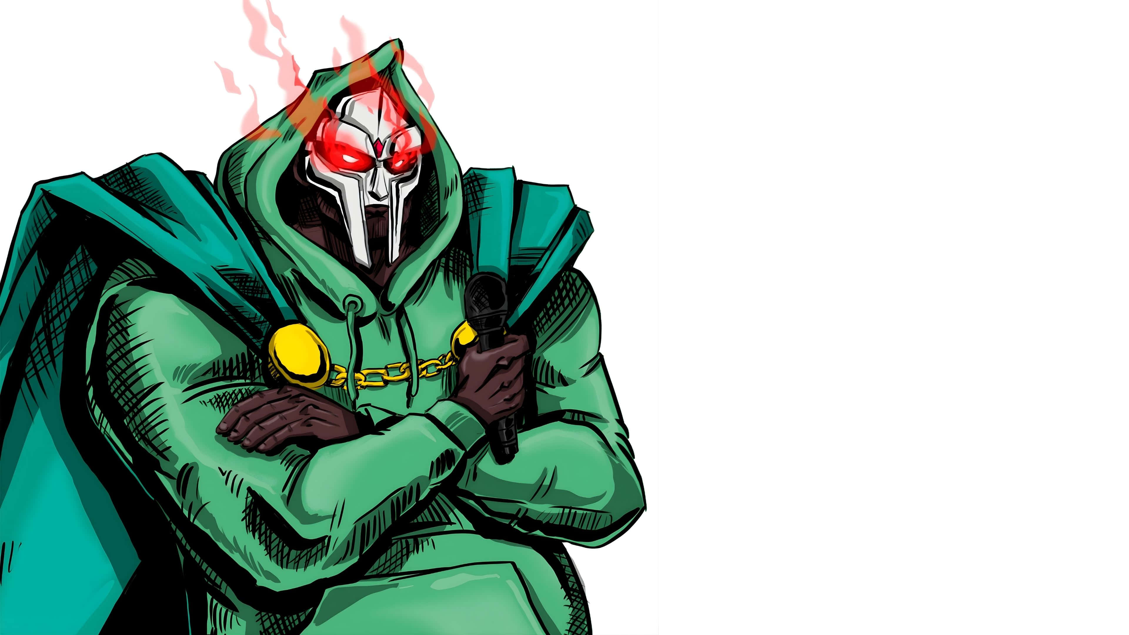 M F Doom, green hooded figure, glowing red eyes, 4K Desktop Wallpaper