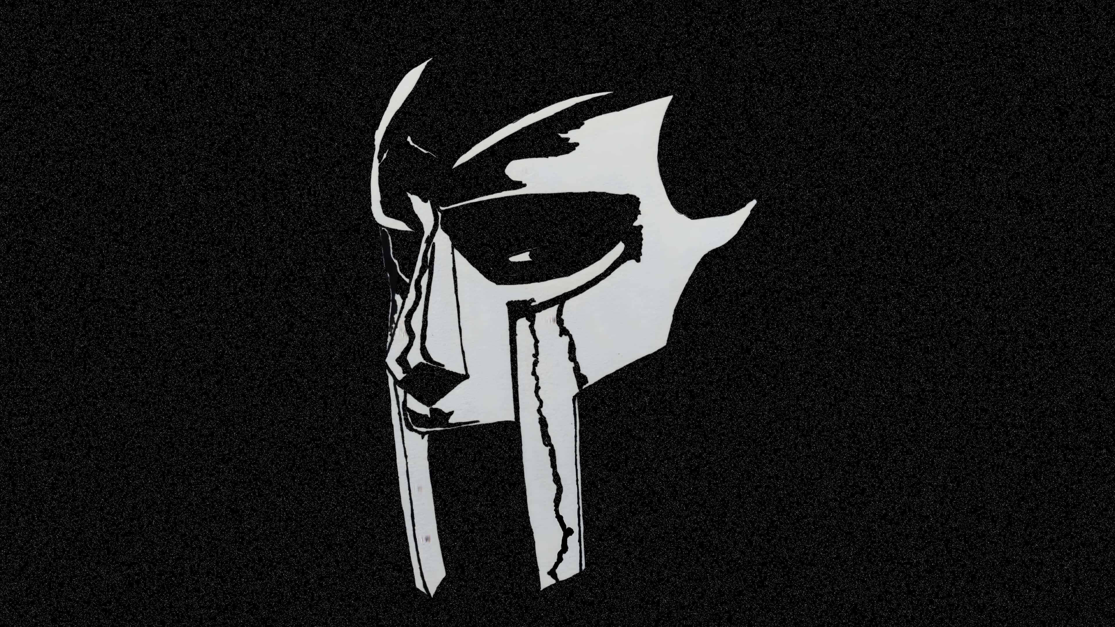 M F Doom Mask, stark white stylized skull, jagged edges, 4K Desktop Wallpaper