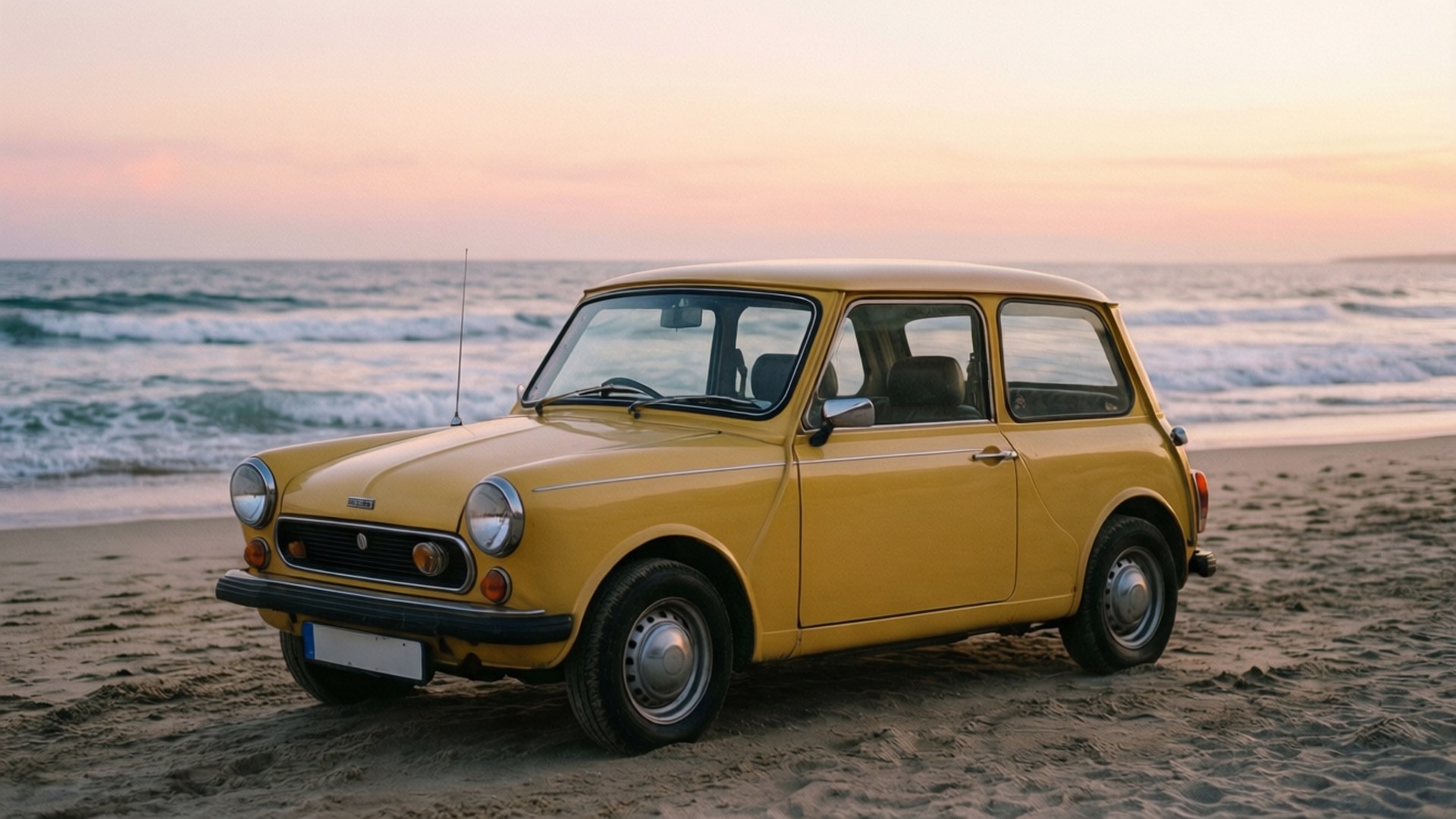 Yellow MG Midget, sunrise, beach, Full HD Desktop Wallpaper
