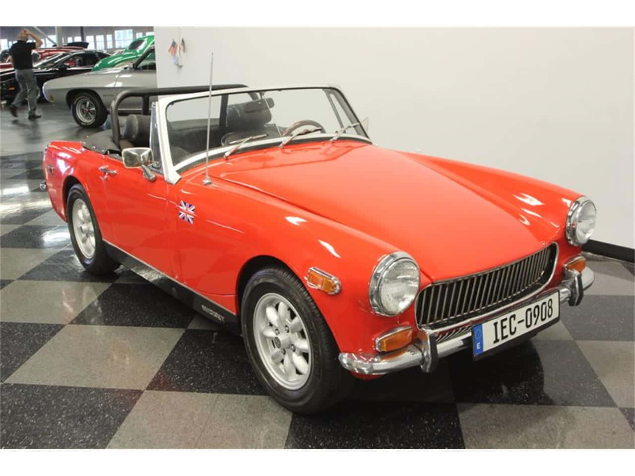 vintage red mg midget, checkered floor, showroom, HD Desktop Wallpaper