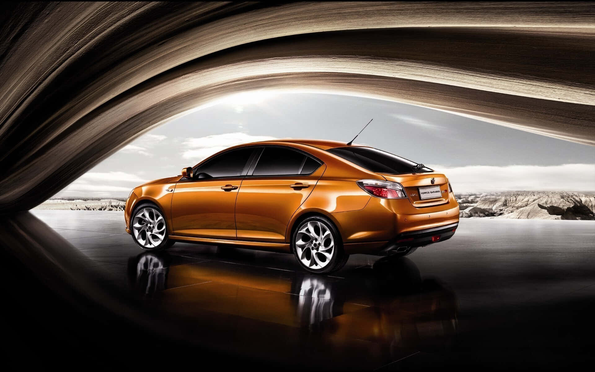 Mg, golden sedan, stylized tunnel, Full HD Desktop Wallpaper