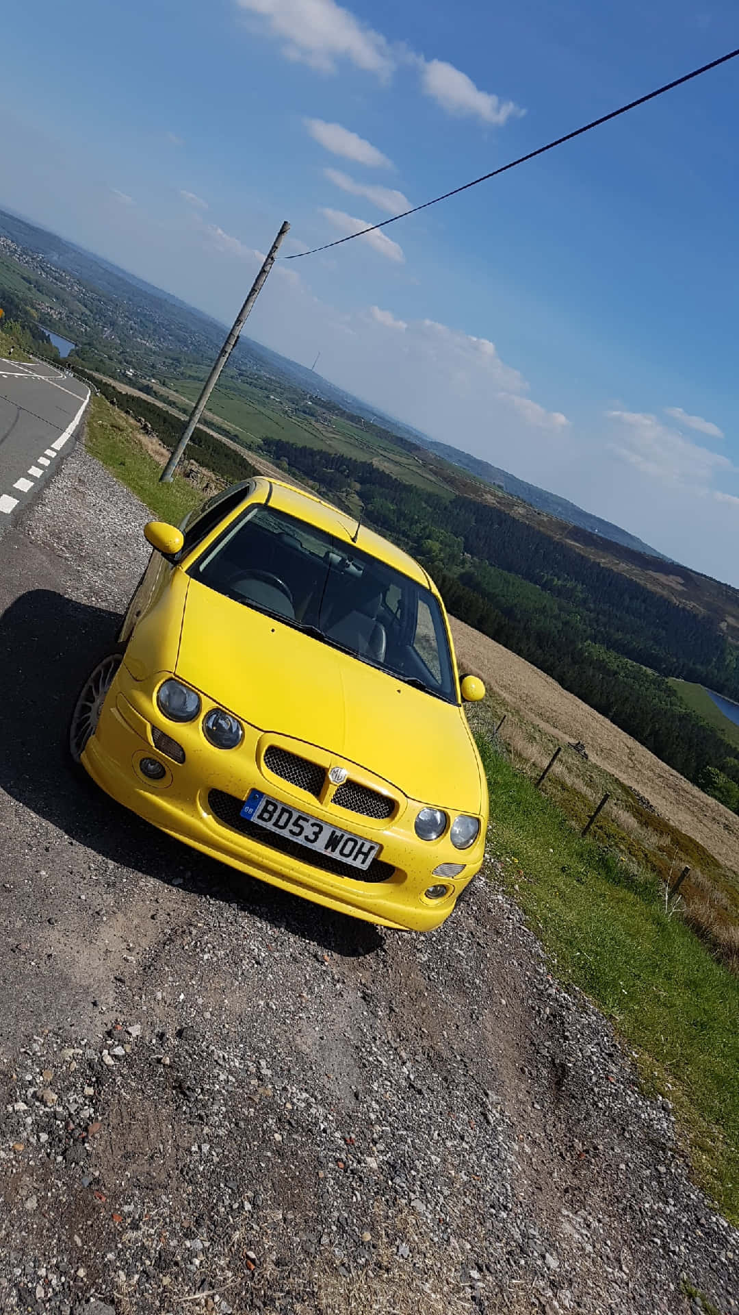 MG ZR, yellow car, countryside road, Full HD Phone Wallpaper
