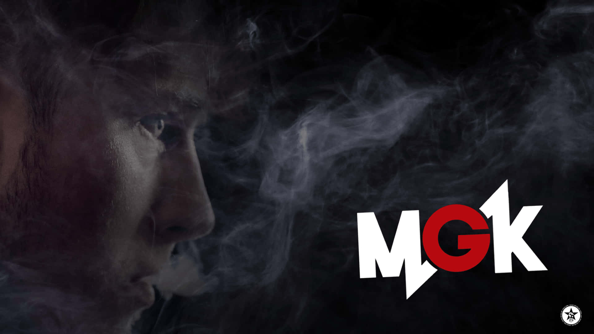 MGK, red and white MGK logo, dark backdrop, Full HD Desktop Wallpaper