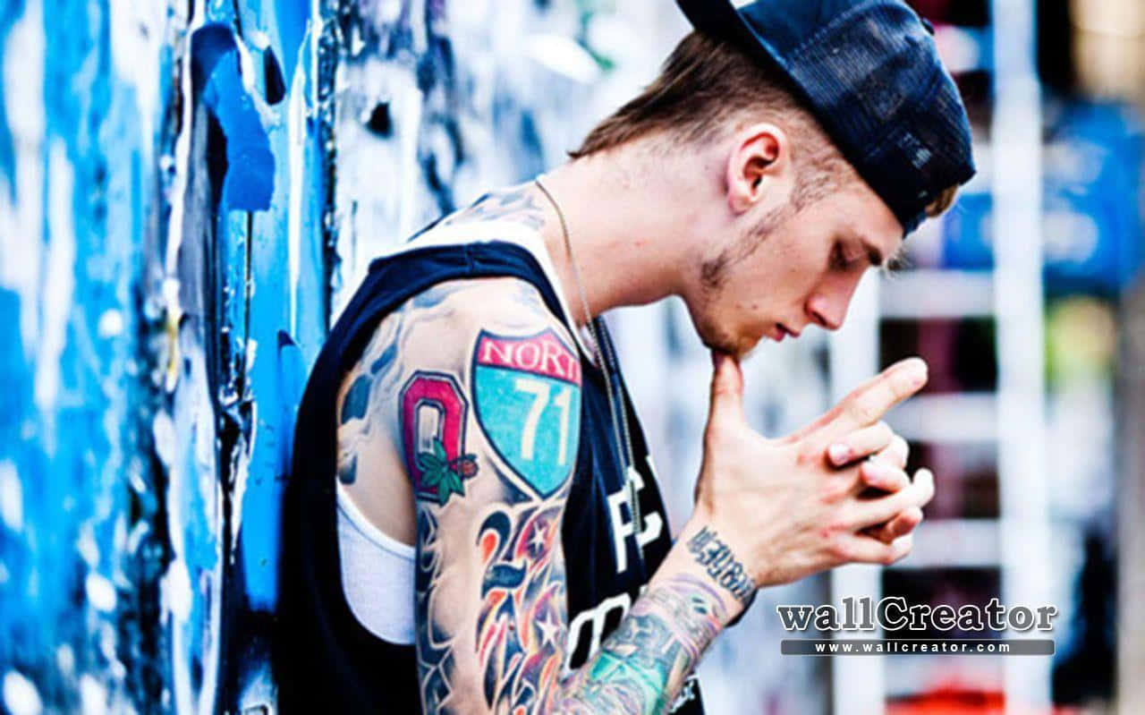 MGK, blue wall, graffiti-covered, HD Desktop Wallpaper