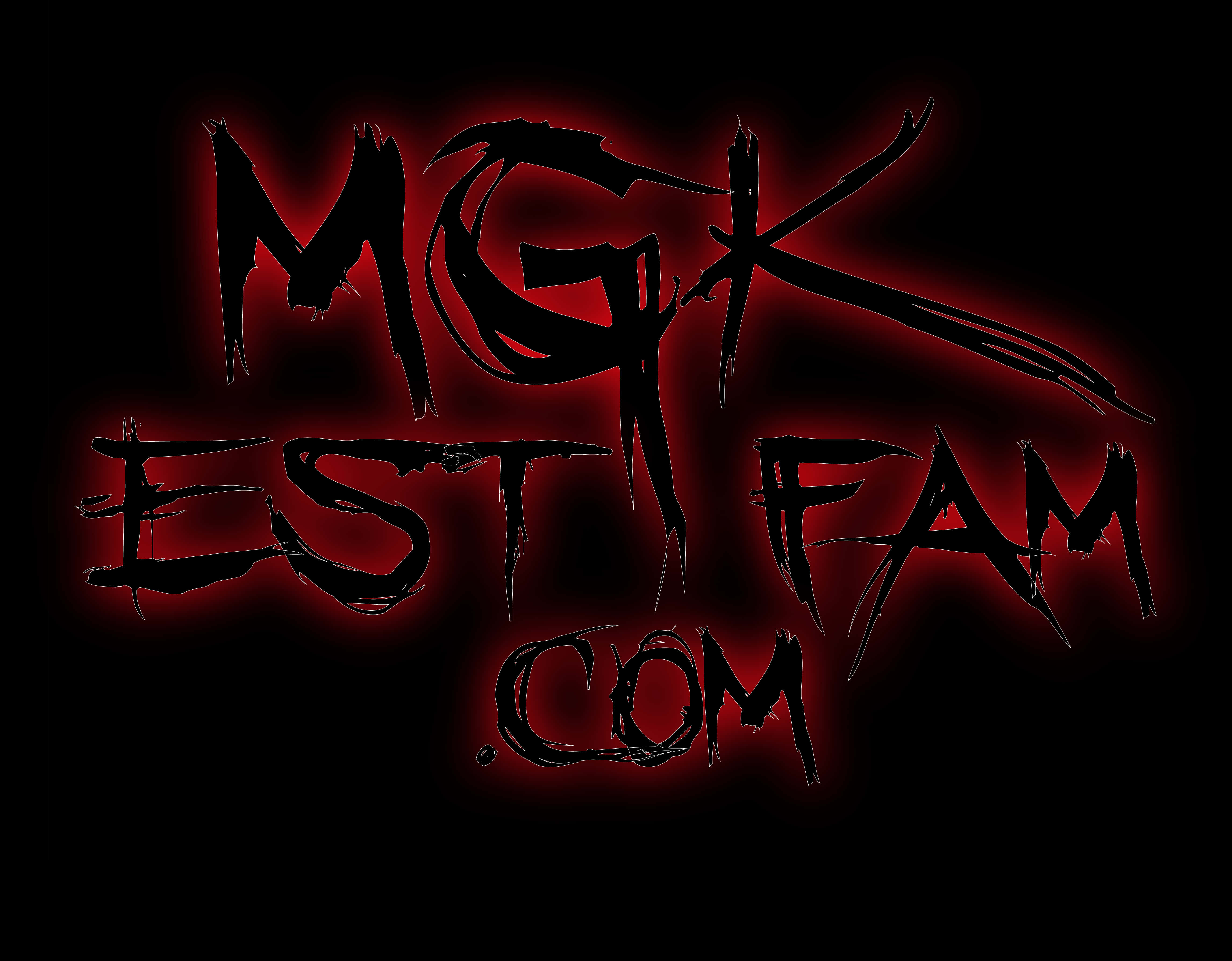 MGK, red jagged text, fiery aura, 4K Desktop Wallpaper