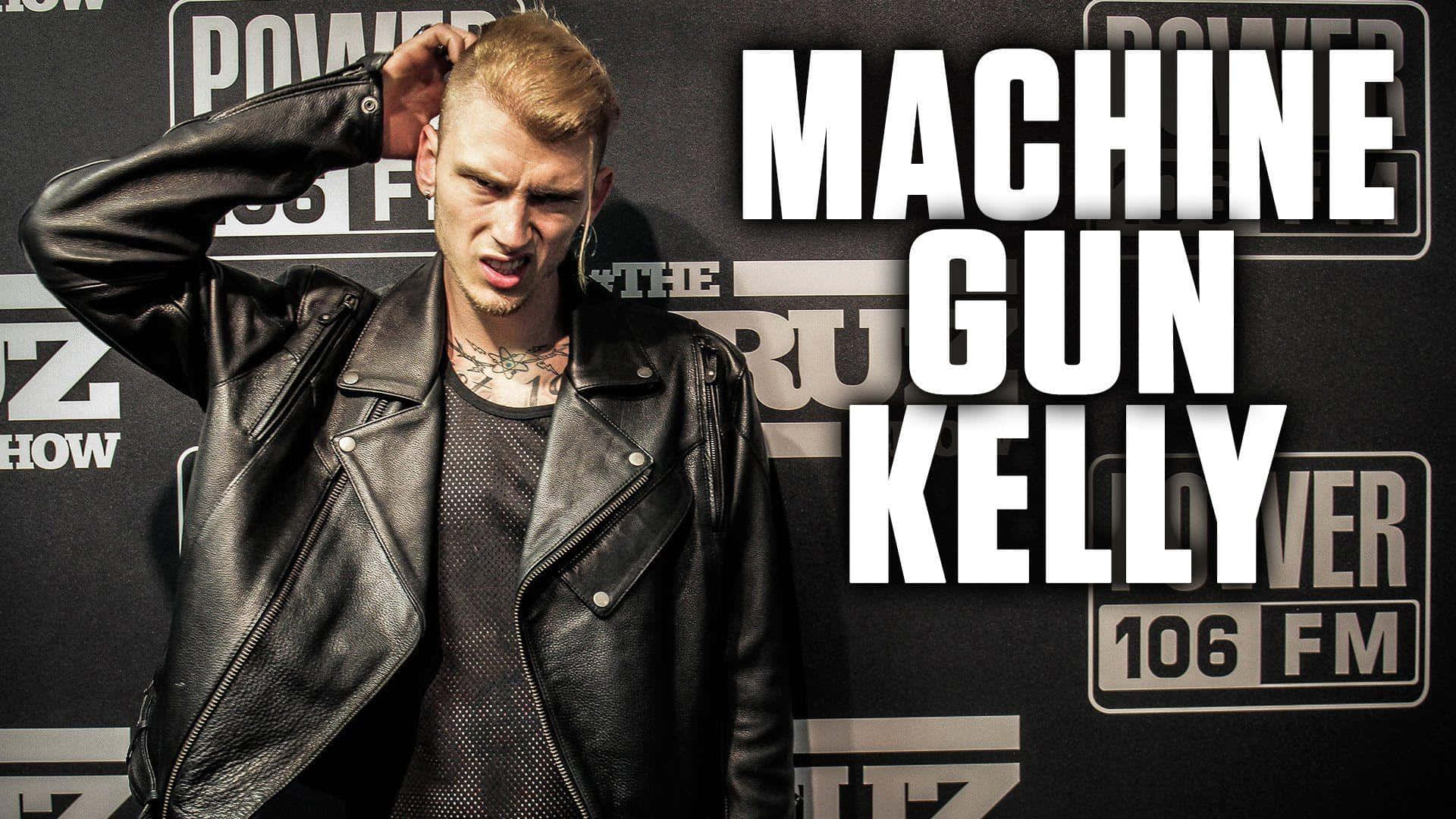 MGK, black leather jacket, branded radio station backdrop, Full HD Desktop Wallpaper