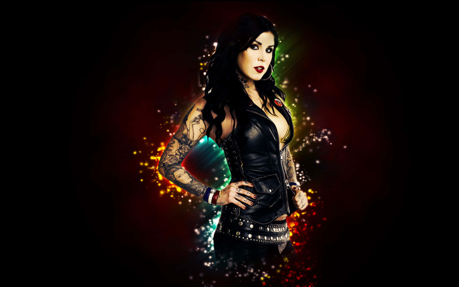 Goth Woman, black leather outfit, glowing colorful particles, Full HD Desktop Wallpaper