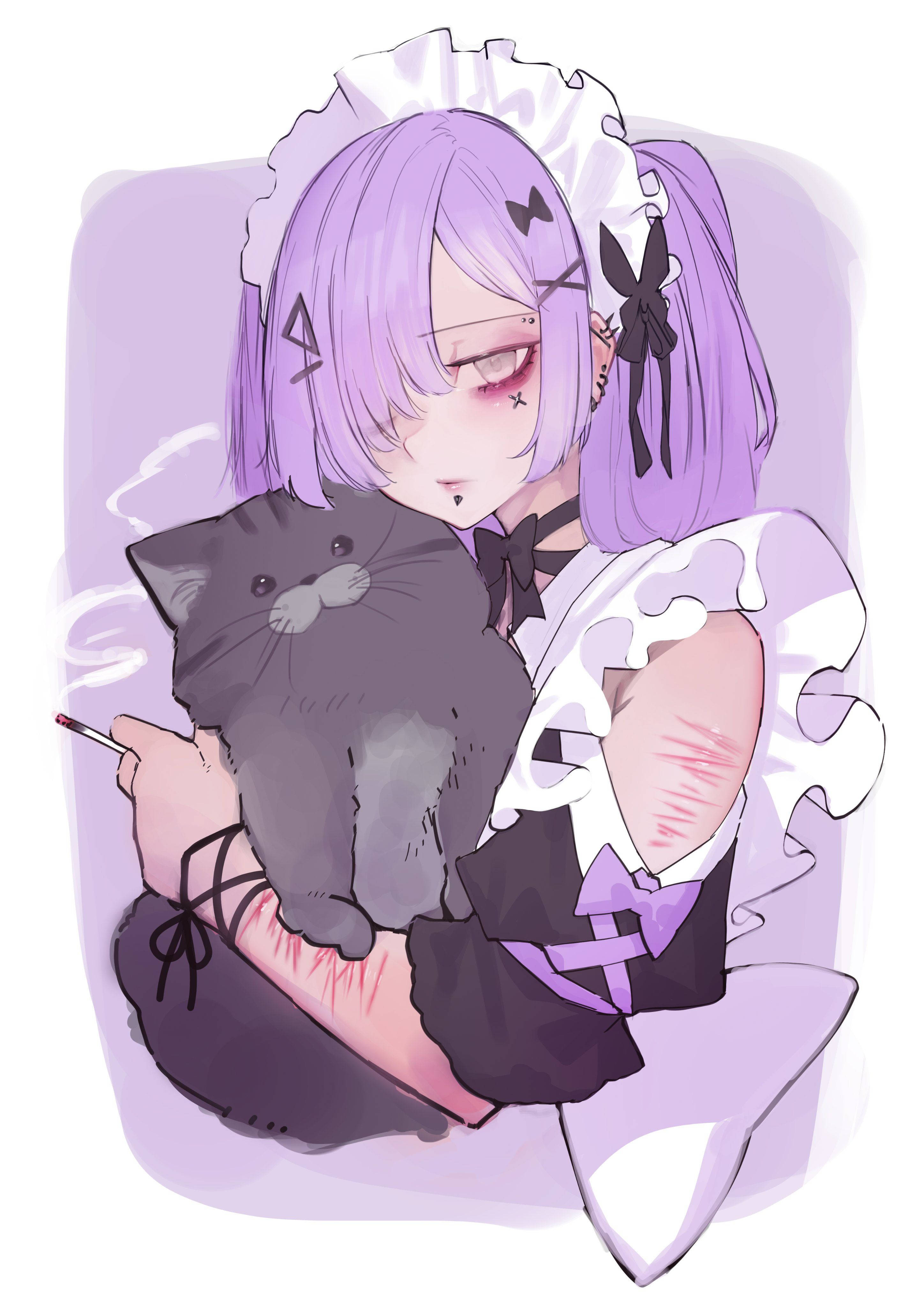pastel goth, cute maid, purple-haired anime girl, 4K Phone Wallpaper