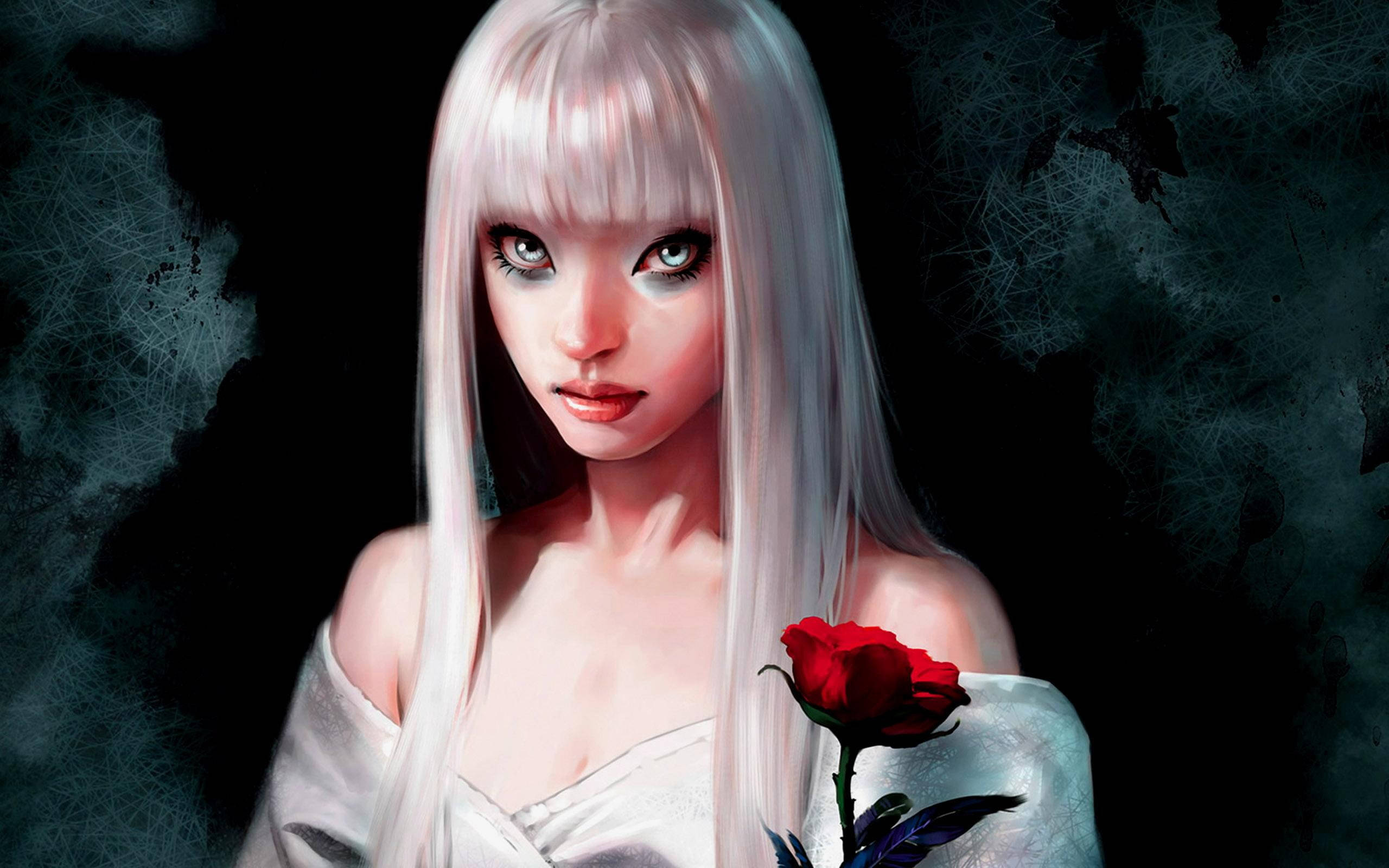 Goth Girl, silver hair, green eyes, 2K Desktop Wallpaper