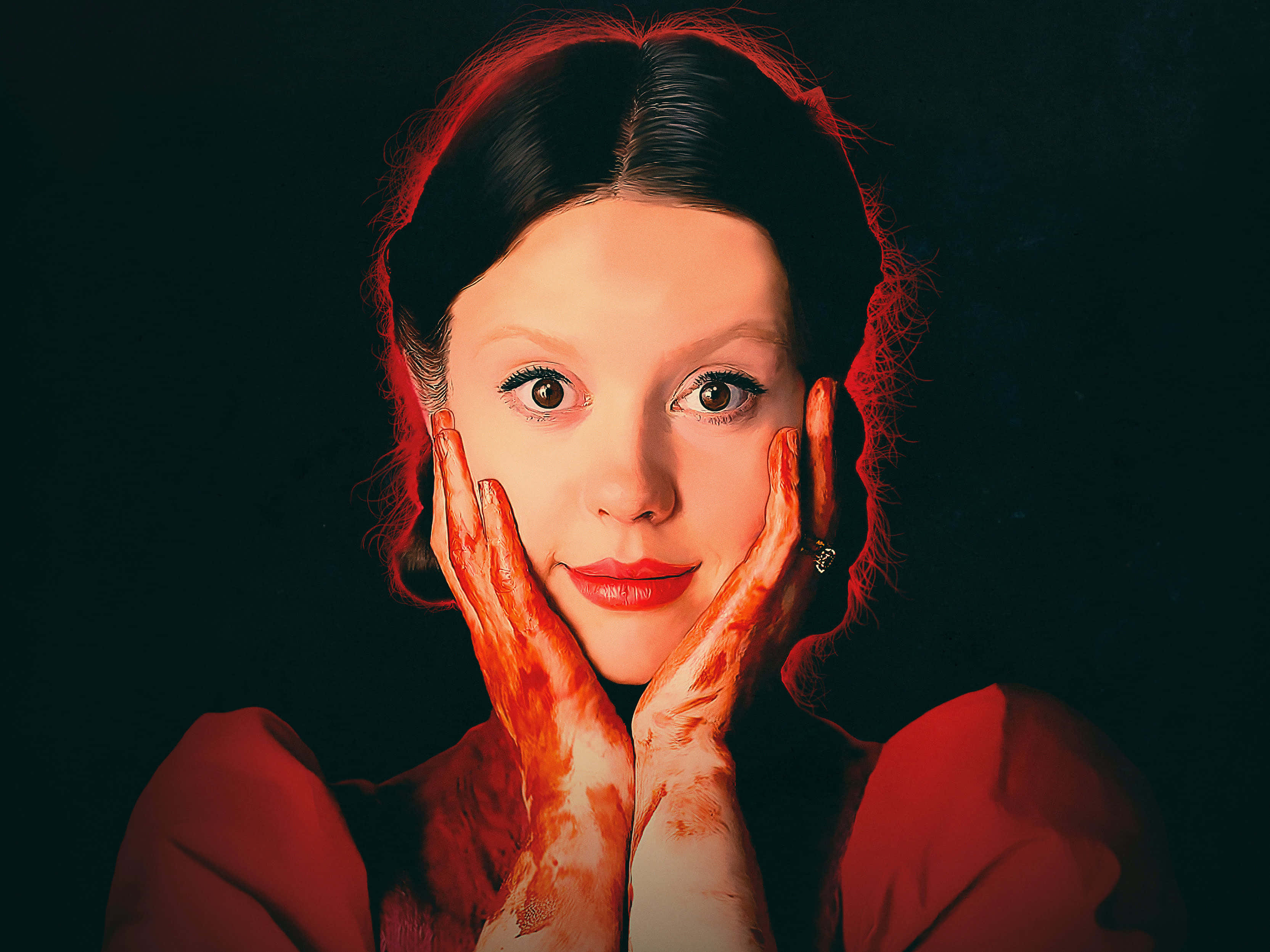 Mia Goth, bloodstained hands, red lips, 2K Desktop Wallpaper