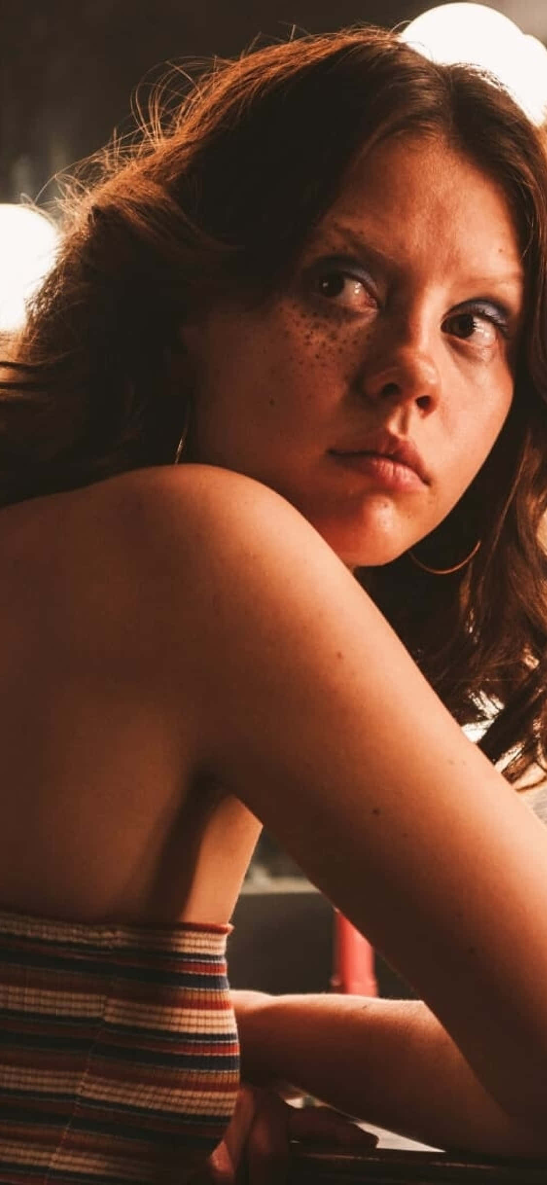Mia Goth, studio lights, striped top, Full HD Phone Wallpaper